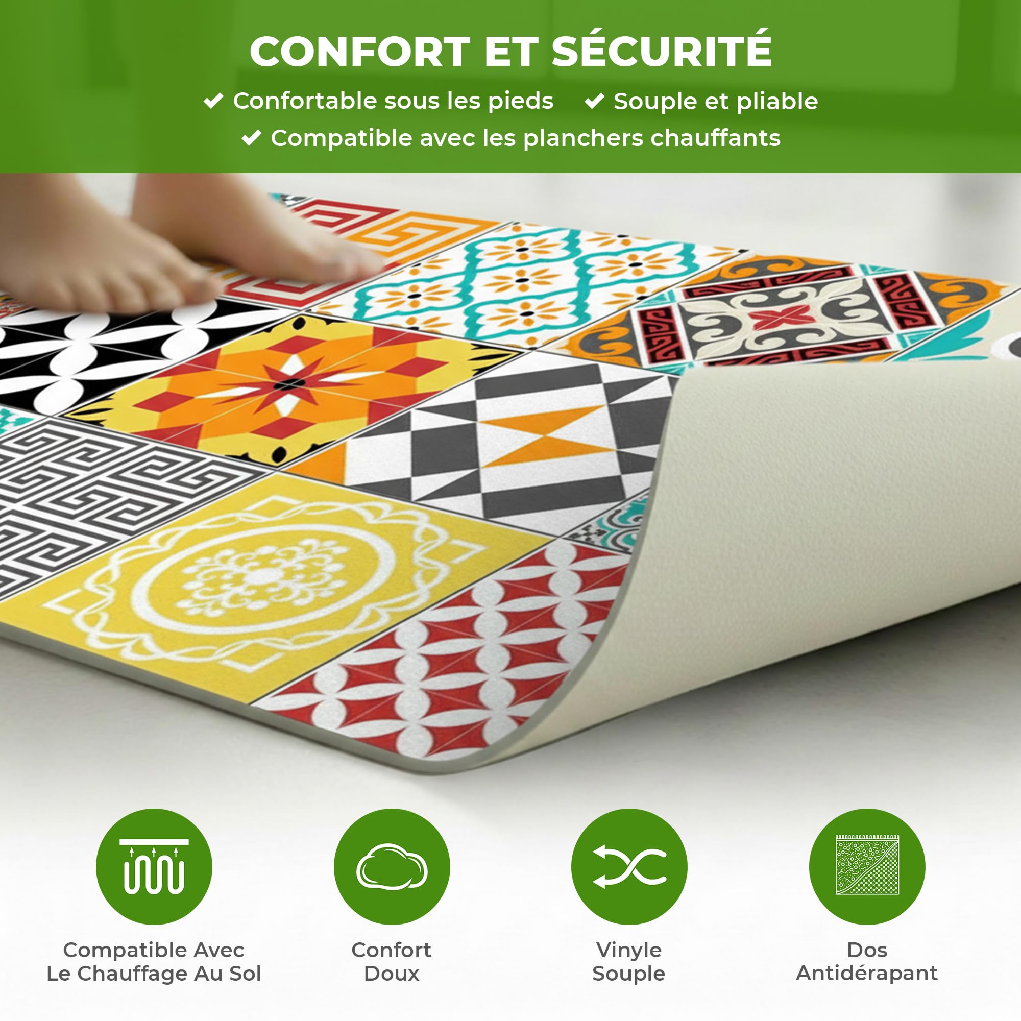 Tapis Vinyle pour le sol en PVC - Antidérapant - Protection pour le Sol - Inspiration Carreaux de Ciment - Lavable à la main - Epaisseur 2,2 mm - 60 cm x 100 cm - Tapis de sol Multicolore