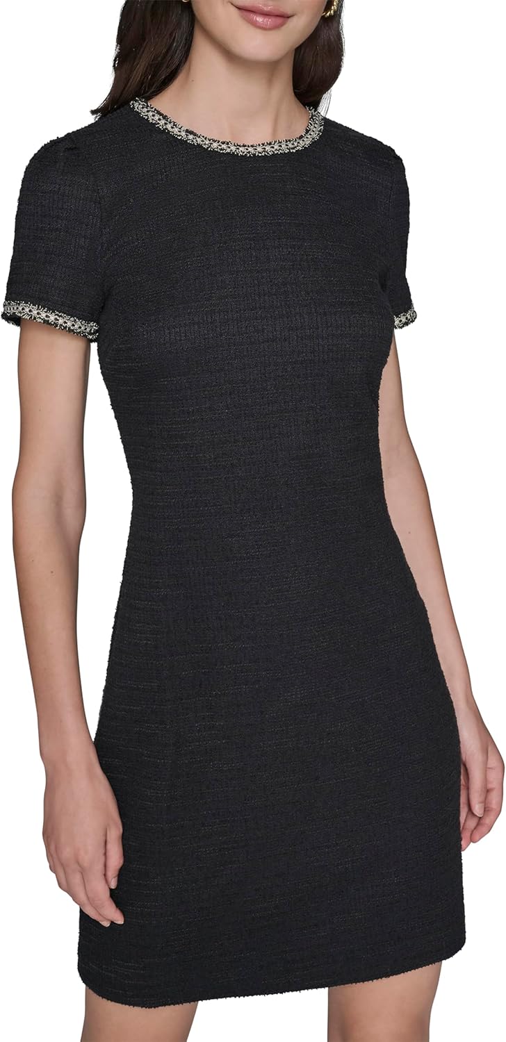 Karl Lagerfeld Womens Short Sleeve Knit Tweed A-line Dress