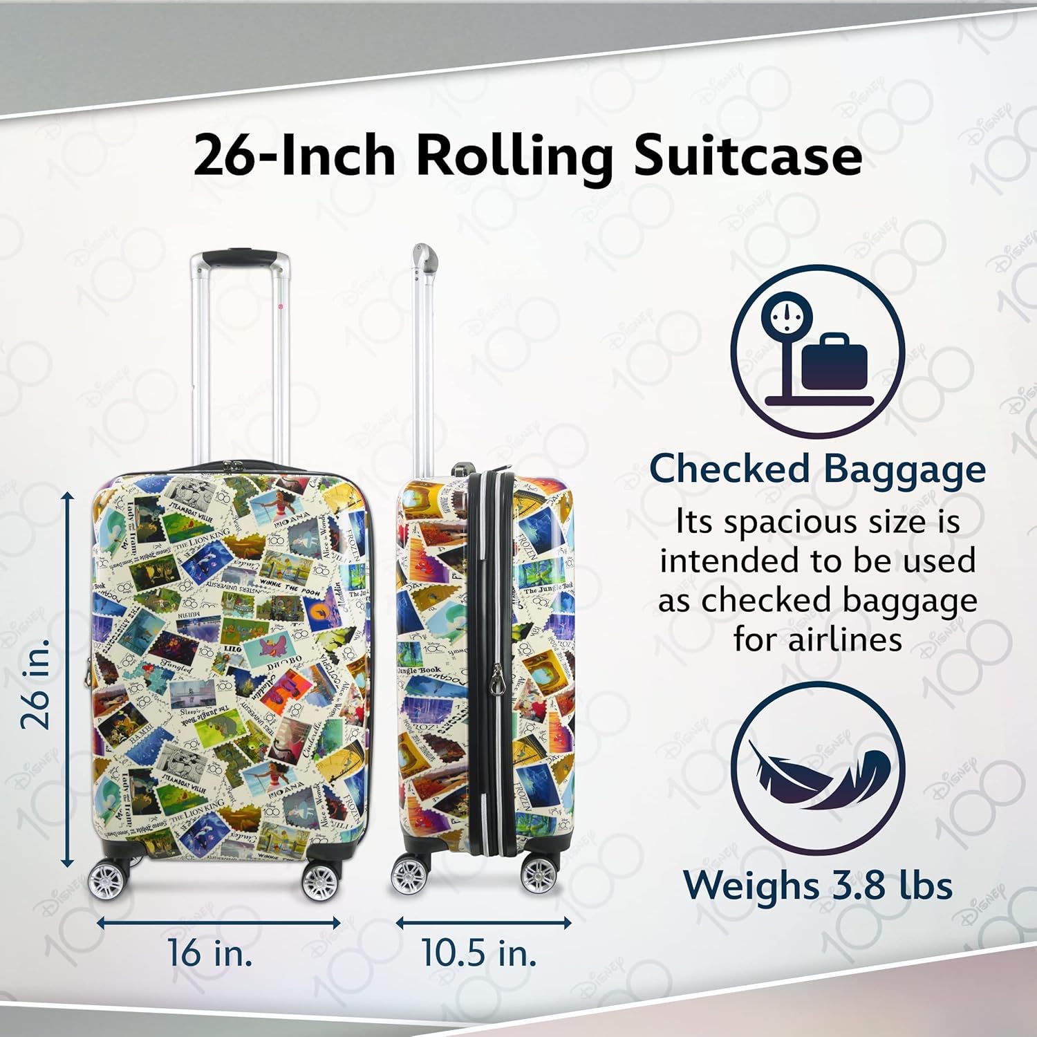 review FUL Disney 100 26 Inch Rolling Luggage, 100 Years of Disney Stamps Hardshell Suitcase with Spinner Wheels, Multi