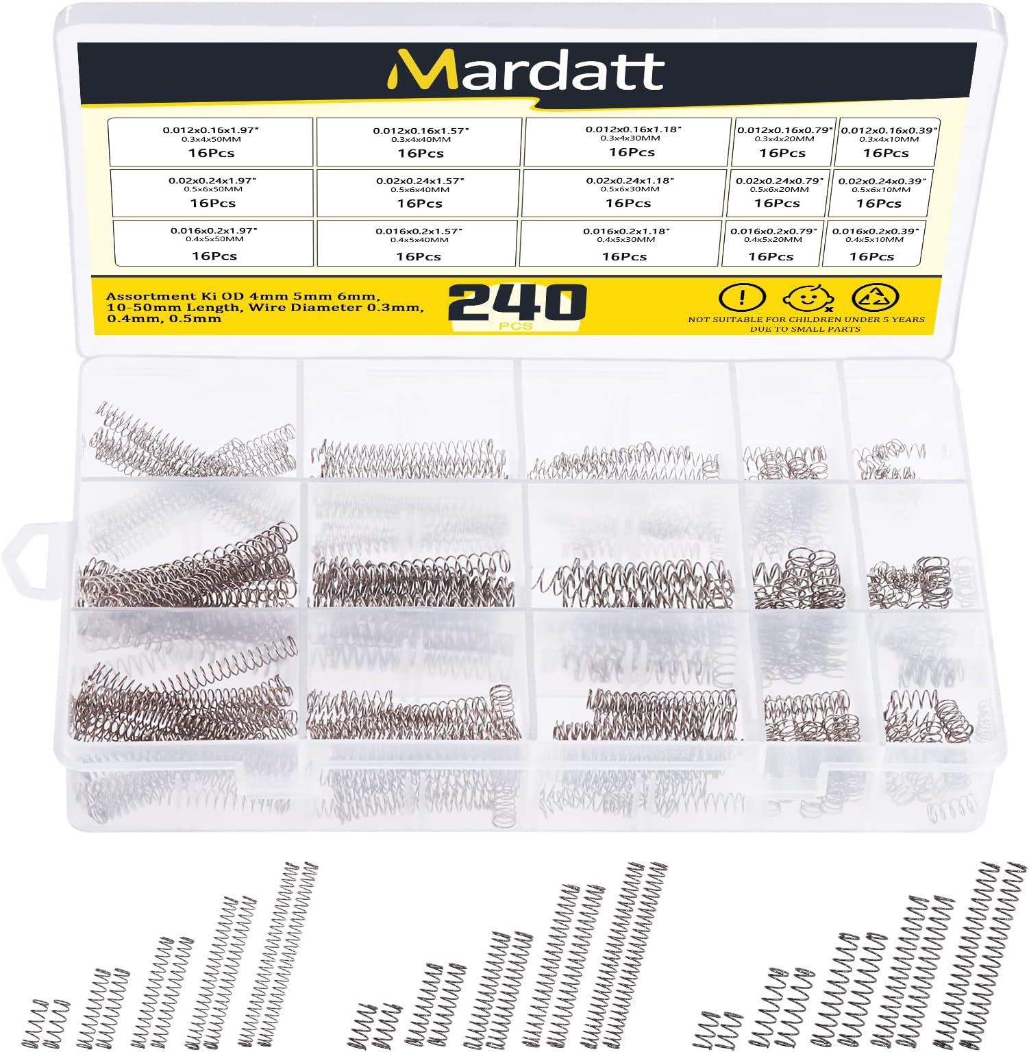 M362 240 Pcs 15 Sizes Compression Springs Assortment Kit Mini Stainless Steel Springs for Repairs with Case, OD 4mm 5mm 6mm, 10-50mm Length, Wire Diameter 0.3mm, 0.4mm, 0.5mm