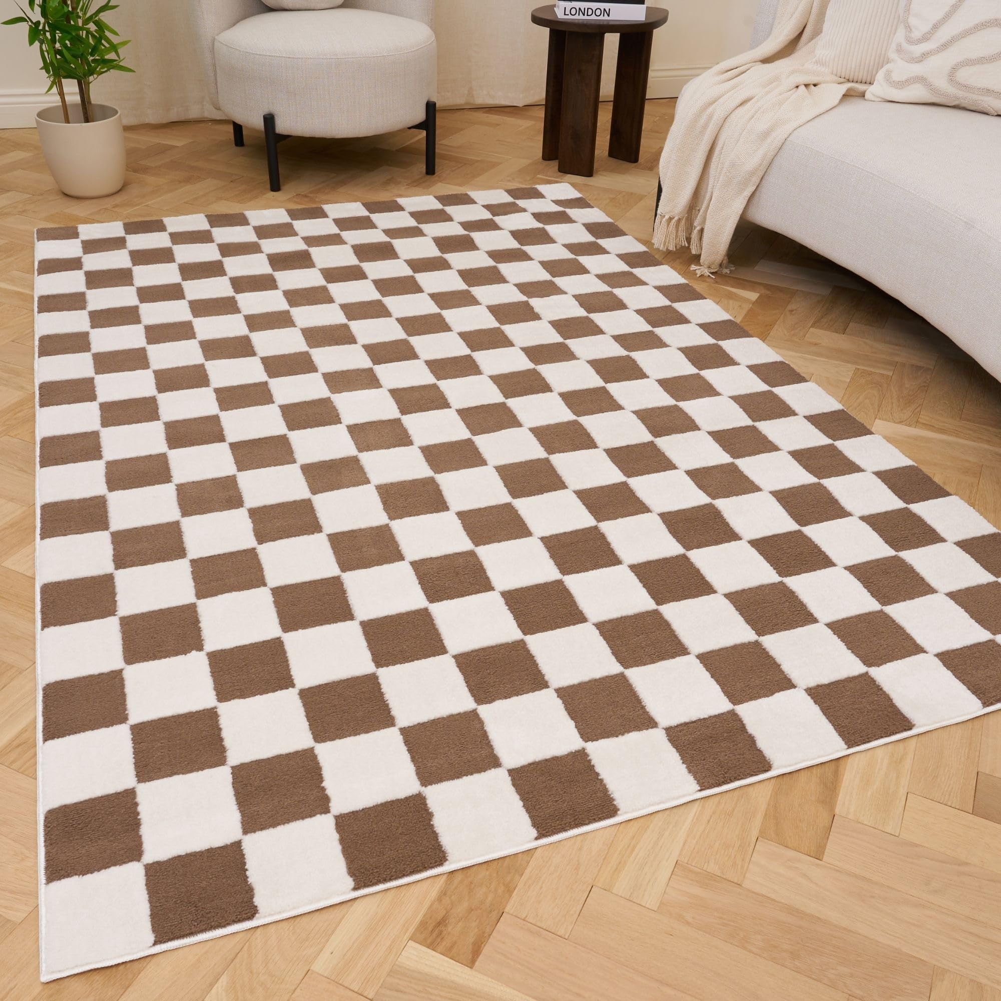 The Rugs Taupe Loft Checkered Living Room Area Rug & Runners Soft Pile In | Size: 200Cm X 290Cm