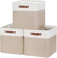 Vista 64 de HNZIGE Cestas de almacenamiento de tela (paquete de 3) – Cestas decorativas plegables con asas de cuero para organizar la ropa