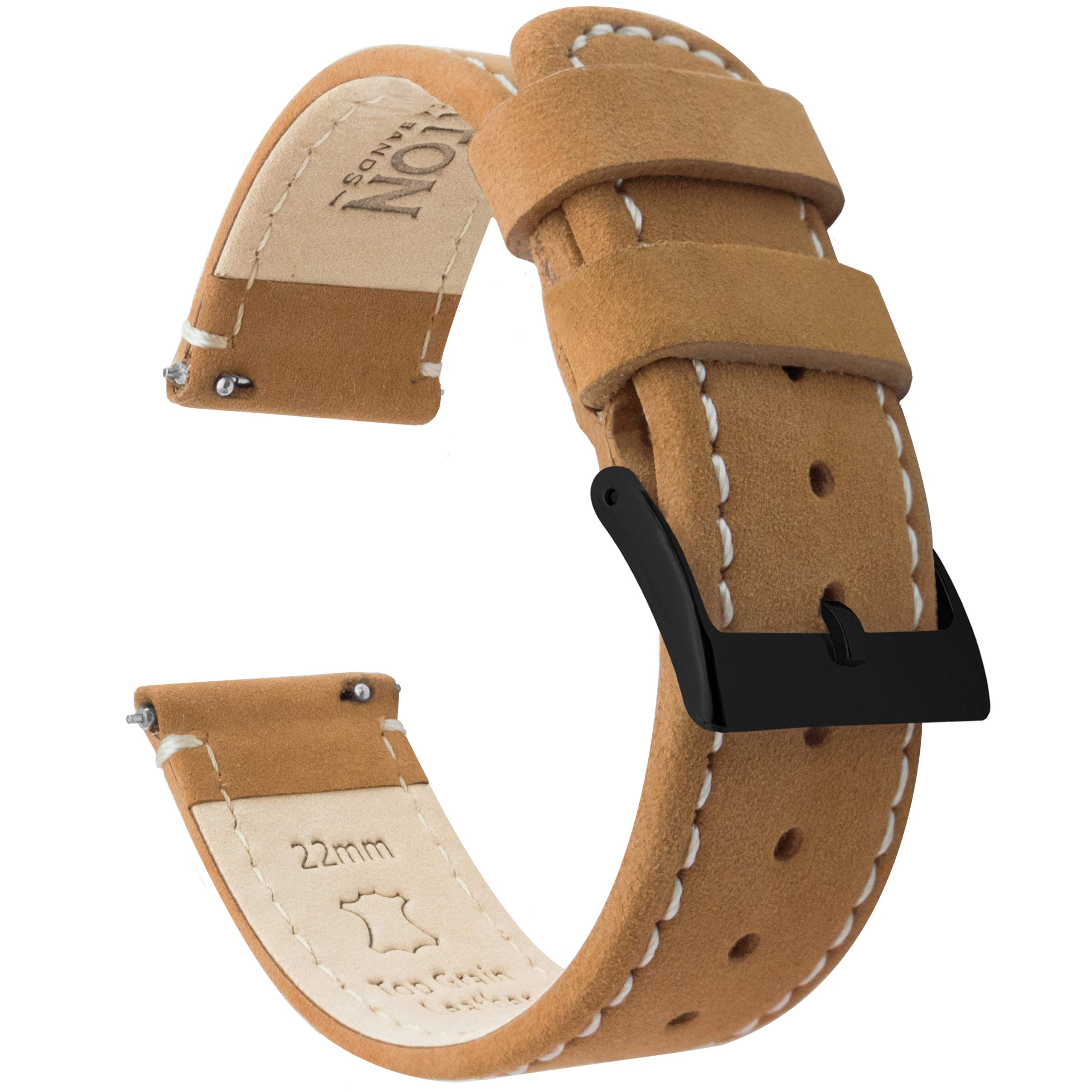 BARTON WATCH BANDS 20mm Gingerbread/Linen Stitching Quick Release Leather Black Buckle Watch Band Strap