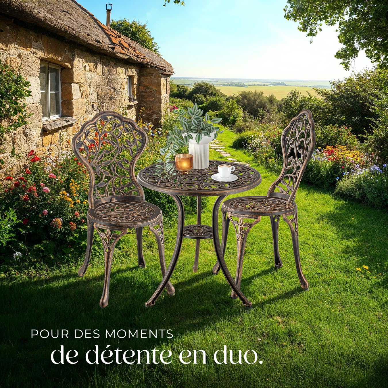 tectake® Ensemble de bistrot Table Ronde et Chaises Table de Bistrot Bar Salon de Jardin Exterieur 2 Personnes en Aluminium & Acier Inoxydable, Mobilier de Jardin Amenagement Balcon Terrasse Veranda