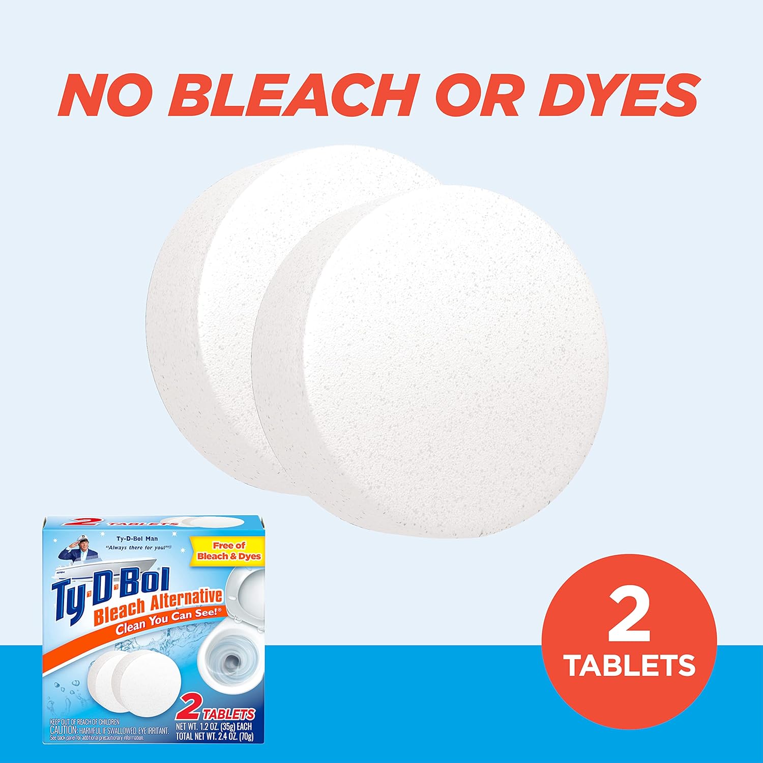 Ty-D-Bol Toilet Bowl Cleaner Tablets, In-Tank Toilet Bowl Tablets, Bleach Alternative, Fragrance Free, 2 Count (Pack of 6)