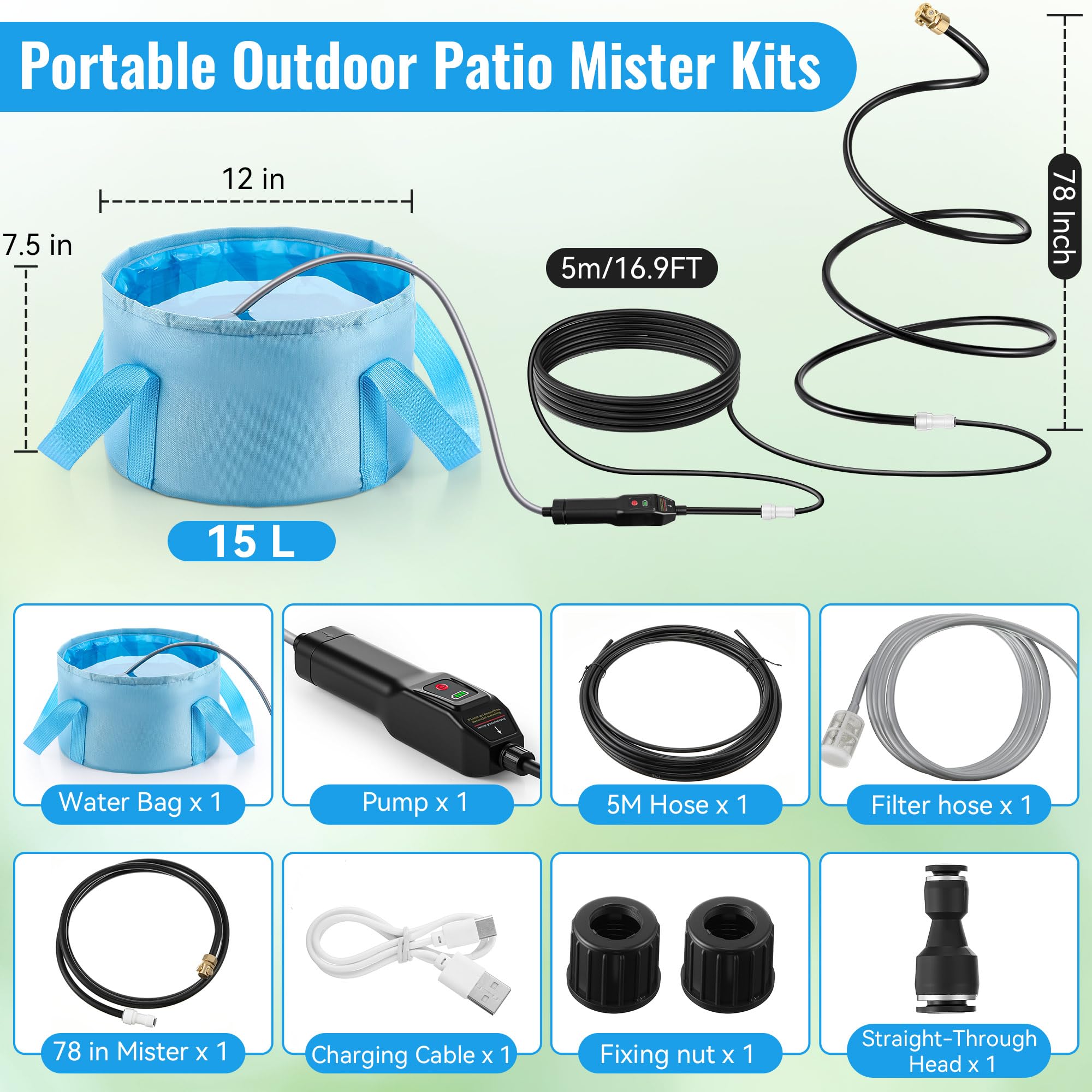 Système de brumisation portable avec pompe à eau, brumisateur d'extérieur avec sac d'eau de 15 L, brumisateur de refroidissement à 3 voies, système de brumisation de tuyau pour refroidissement en