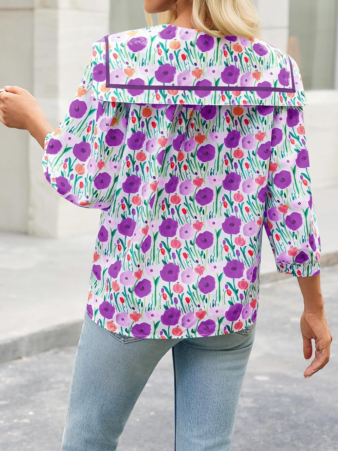 Cicy Bell Womens Floral Button Down Shirts Trendy Casual 3/4 Lantern Sleeve Blouse Square Neck Collared Tops - Image 7