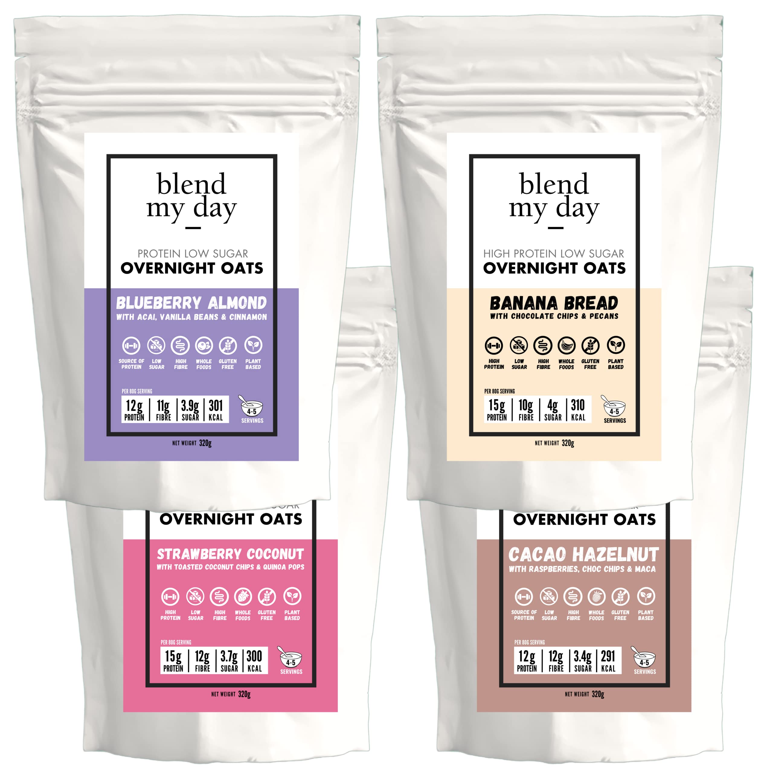 BLEND MY DAY Protein Overnight Oats | VARIETY PACK l 12g+ protein | Low Sugar Breakfast (<4g / serving) | High in Fibre | Gluten-Free Oats | Pack of 4 pouches of 320g (1.28 kg) l 20 servings