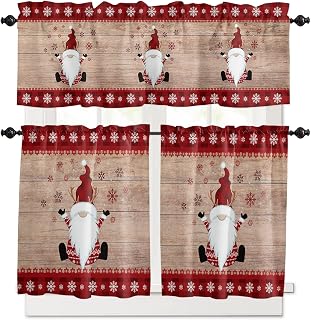 Merry Christmas Window Curtains Valance Set of 3 Gnome Xmas Elf on Rustic Wood Grain Rod Pocket Small Kitchen Curtain, Soft Window Treatment for Bedroom Party Holiday Decor