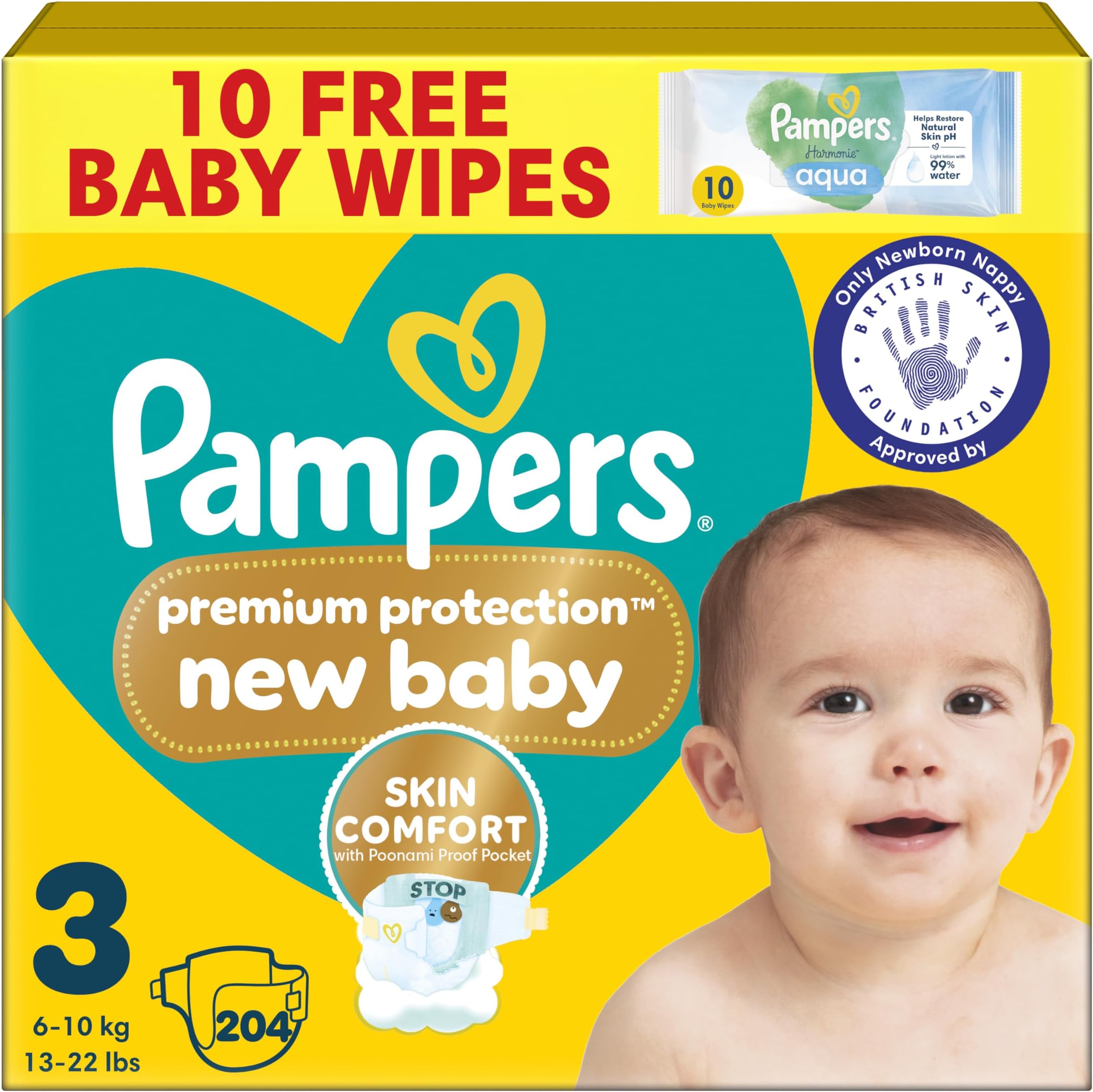 Premium Protection New Baby Size 3, 204 Nappies, 6kg-10kg, Monthly Pack, The Only Newborn Nappy Approved by British Skin Foundation
