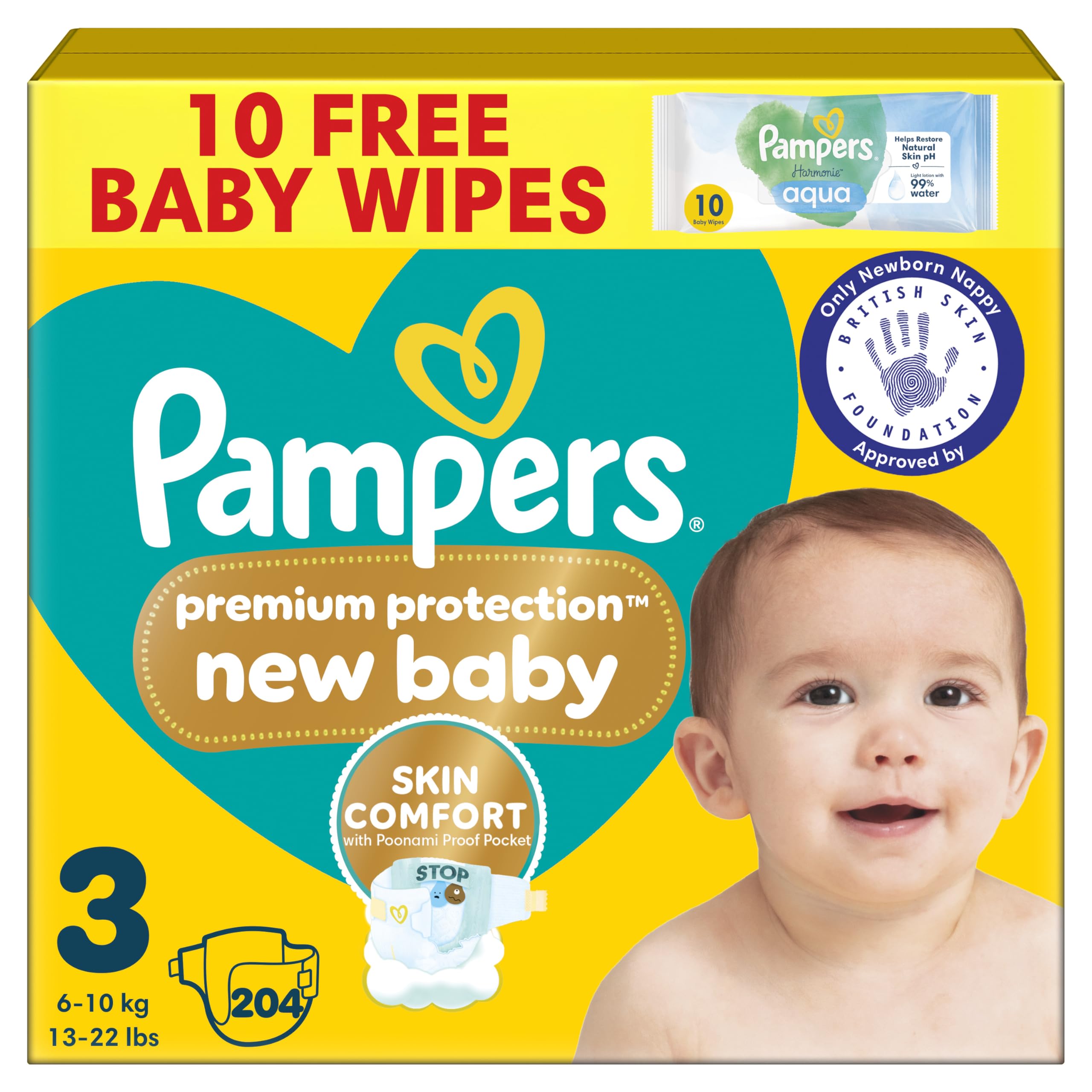 Pampers Premium Protection New Baby Size 3, 204 Nappies, 6kg-10kg, Monthly Pack, The Only Newborn Nappy Approved by British Skin Foundation