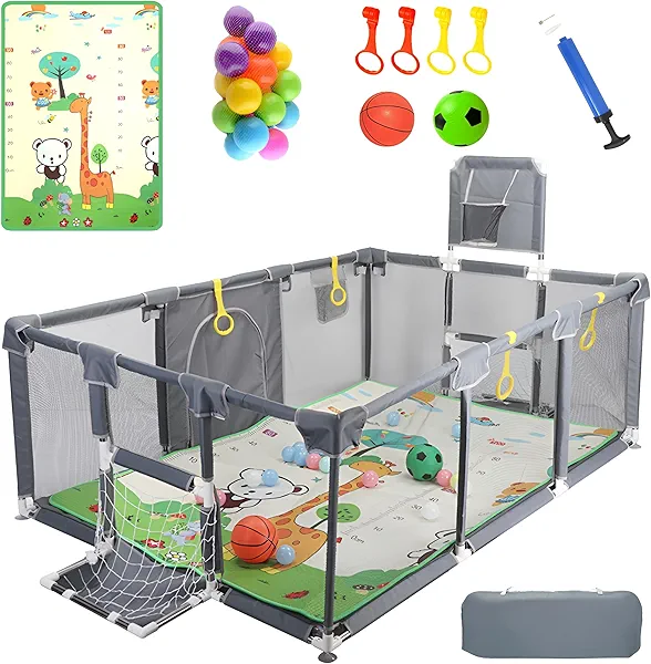 Upgraded Playpen with Enhanced Thick Foldable Mat, Balls, 4 Rings, Storage Bag, Basketball Hoop & Soccer Nets - Play Yard - Sport Playpen - Activity Center - BPA-Free, Non-Toxic, Safe