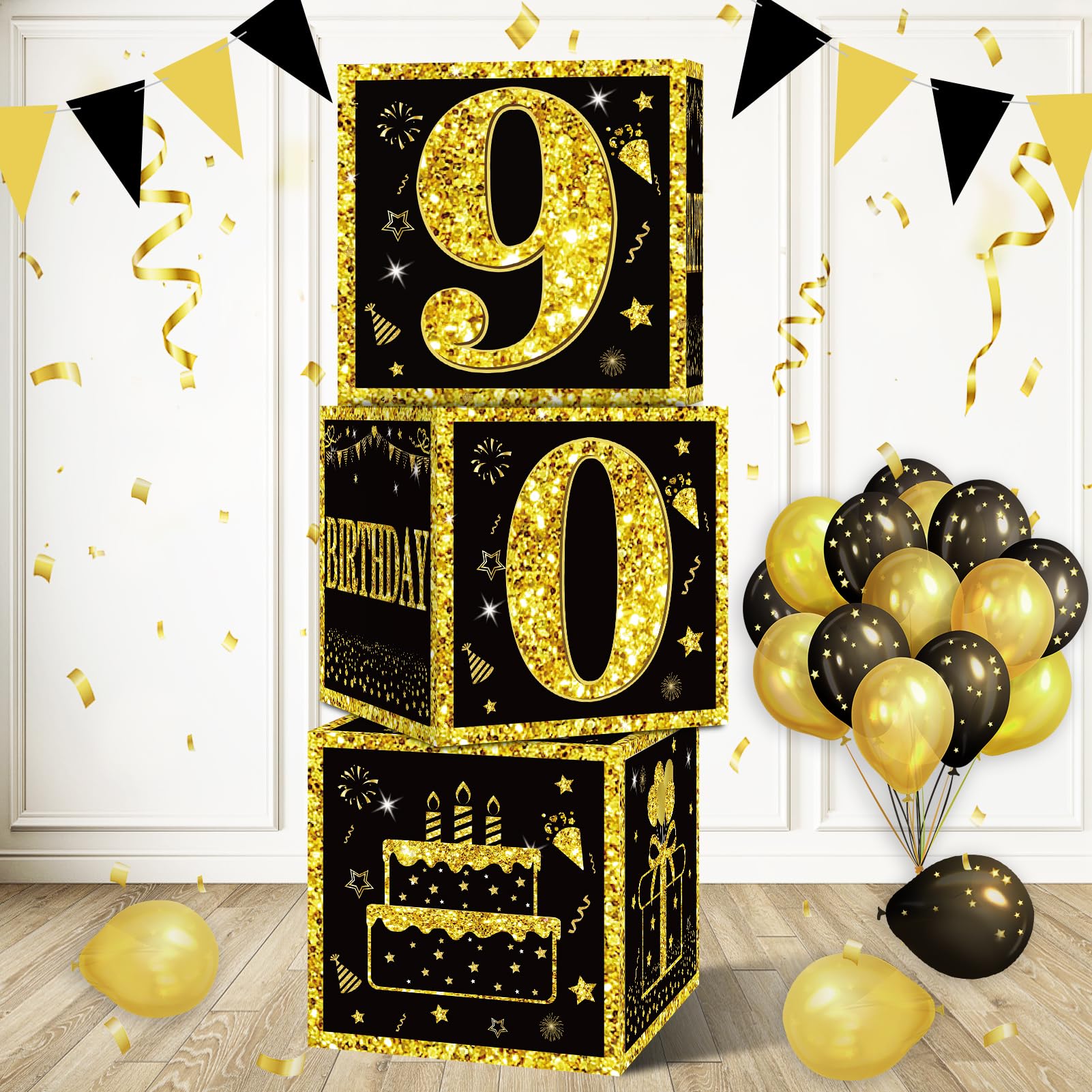 Eiurteao 3pcs 90th Birthday Decorations Boxes for Men Women, Black Gold Happy 90 Birthday Balloons Boxes Party Supplies, 90 Year Old Bday Theme Cardboard Box