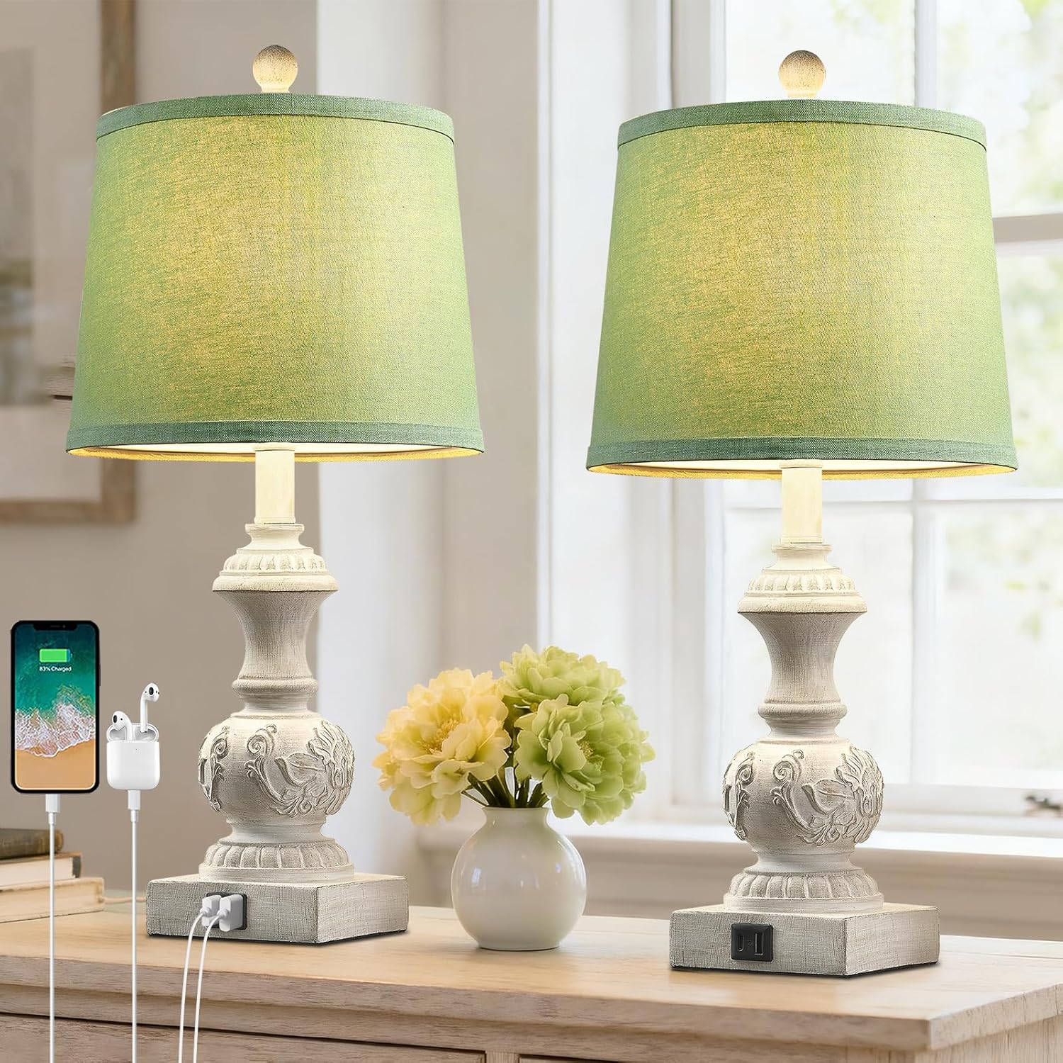 Green Bedside Lamp Set of 2 Vintage Farmhouse Table Lamps with USB A+C Ports 23.5" Floral Carved Pull Chain Boho Nightstand Lamps for Living Room Bedroom Home Office Dorm (No Bulb)