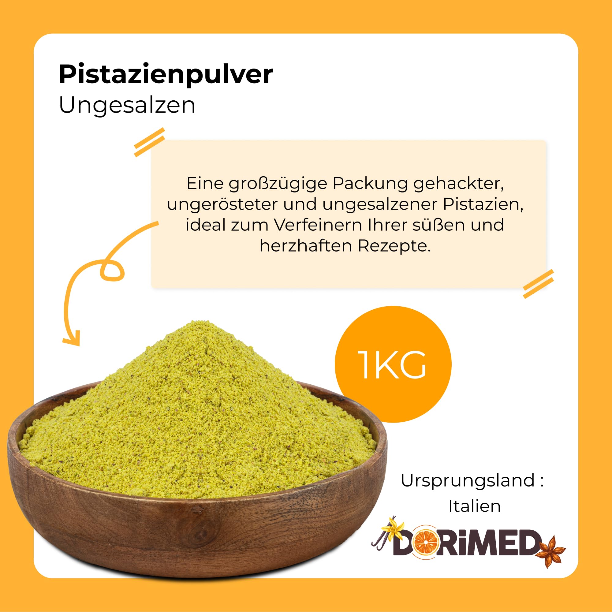 DORiMED Gemahlene Pistazien in Pulverform | ungesalzen | 1 kg zerkleinerte Pistazien von 100% natürlicher Herkunft | geeignet für vegane und vegetarische Ernährung | gemahlen und frisch | ungeröstet
