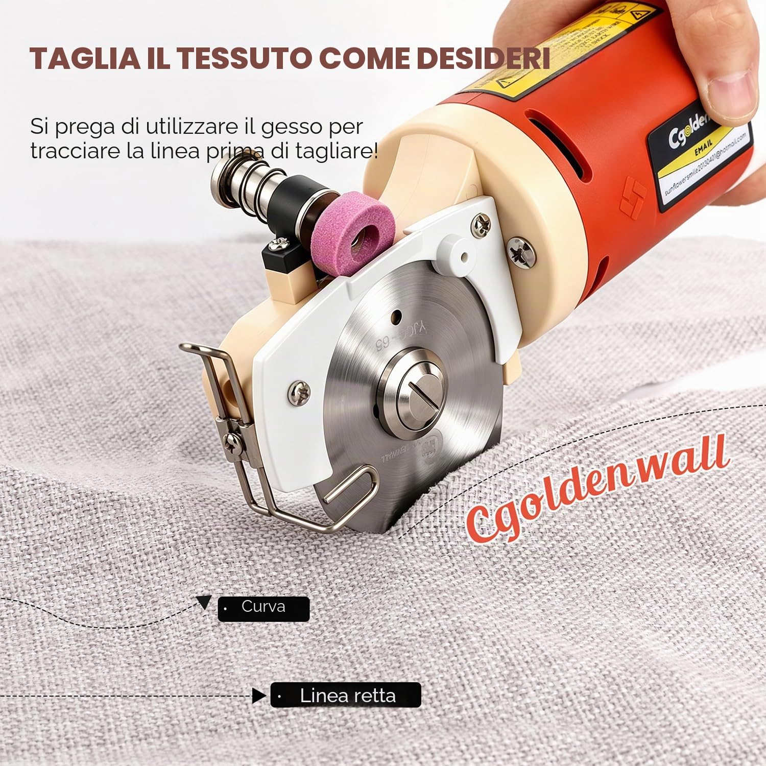 CGOLDENWALL Forbici Elettriche per Tessuti 170W con Rotella di Affilatura Automatica, 1 Lama di Ricambio da 22mm (0,87 pollici) max. Taglio per Pelle, Cartone, Moquette YJ-65