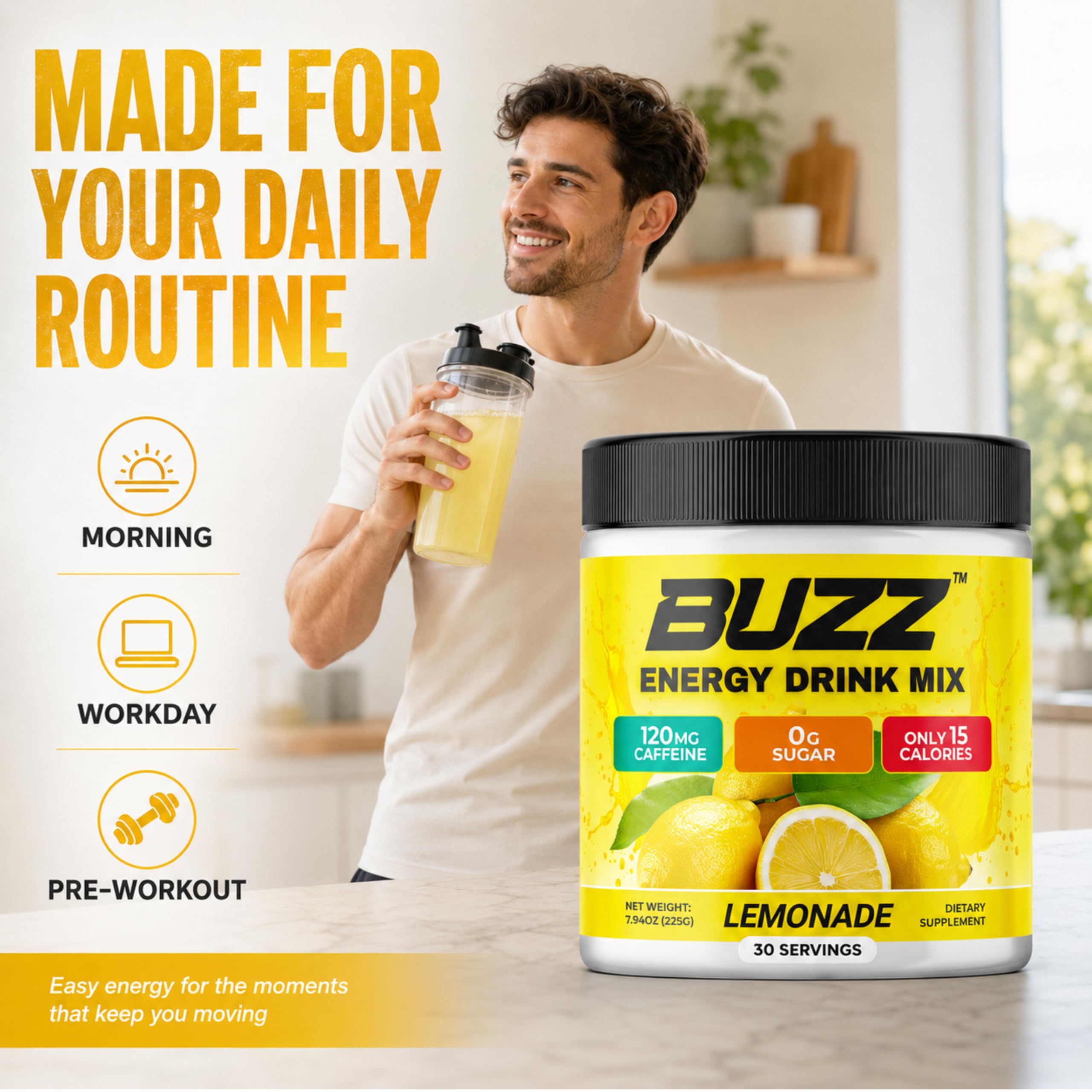 Sugar Free Energy Drink Powder - 18 Vitamins & Minerals, Lemonade Flavor — Amazon image 3