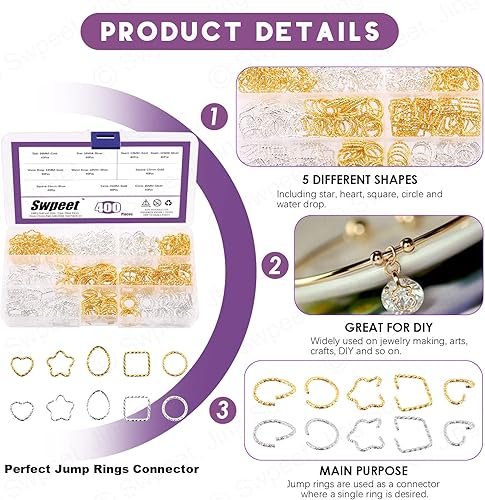 Miniatura 3 de Swpeet 400 piezas de oro y plata de 0.472 in, 0.591 in, 0.630 in, 0.709 in, 5 estilos abiertos, anillos de salto abiertos, ciruela, bossomgotas de