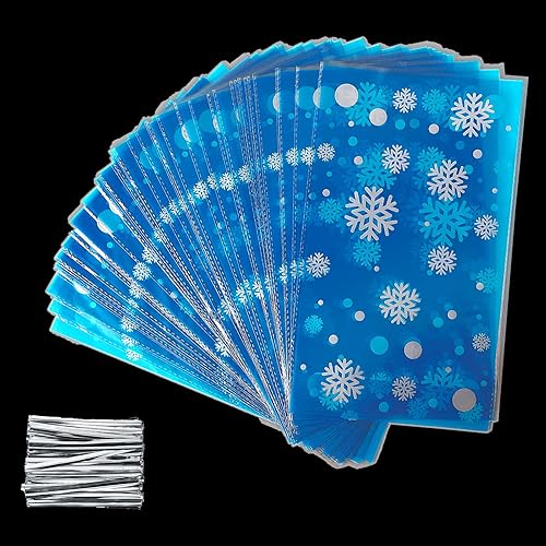 Miniatura 5 de Outus 50 bolsas de regalo de Navidad con patrón de copo de nieve, bolsas planas de celofán de plástico para fiestas para panadería, palomitas de