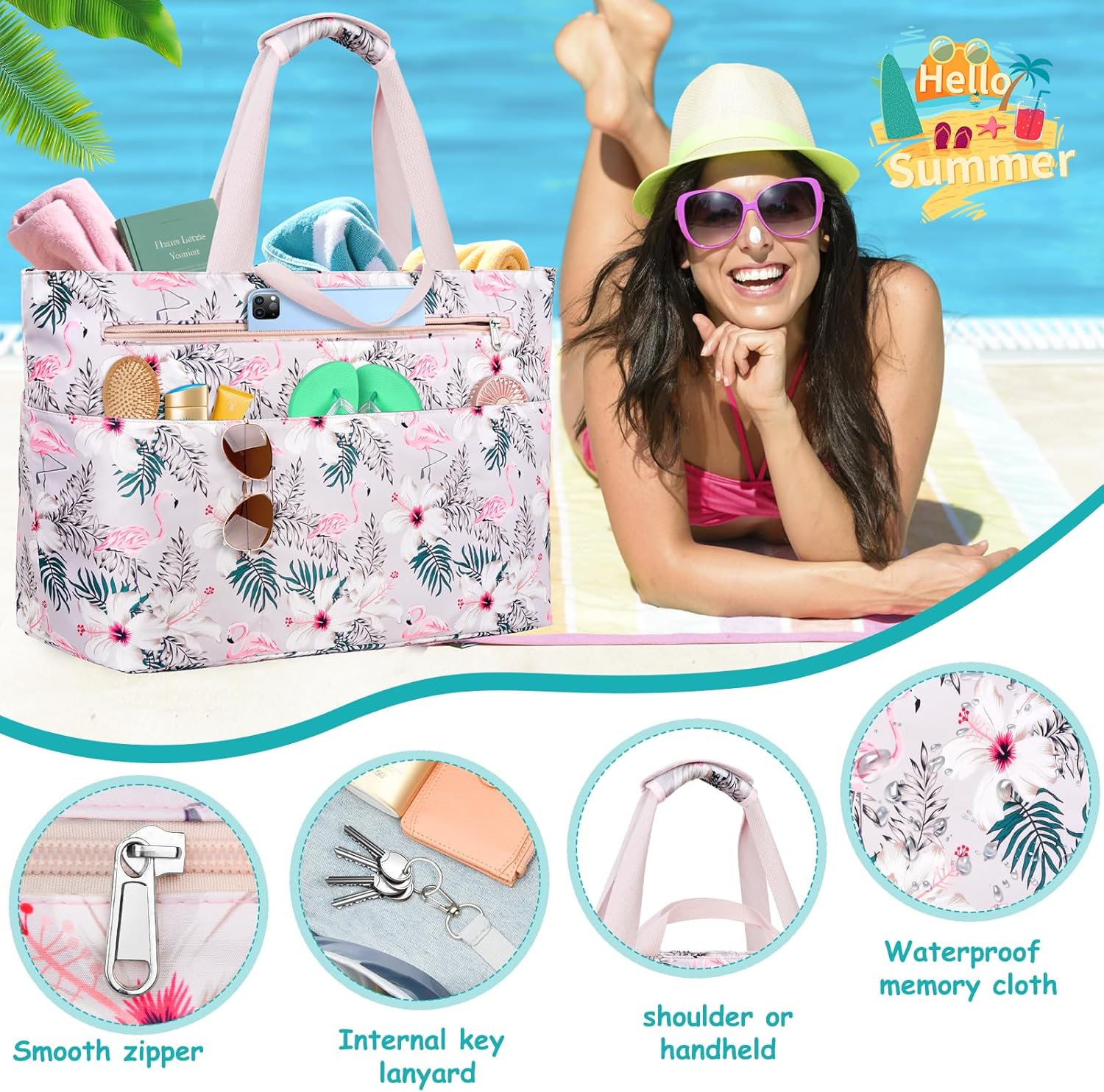 Extra Large Beach Bags for Women, Waterproof Beach Tote Bag with Zipper and Wet Pocket, Foldable Swim Pool Bag - Image 6