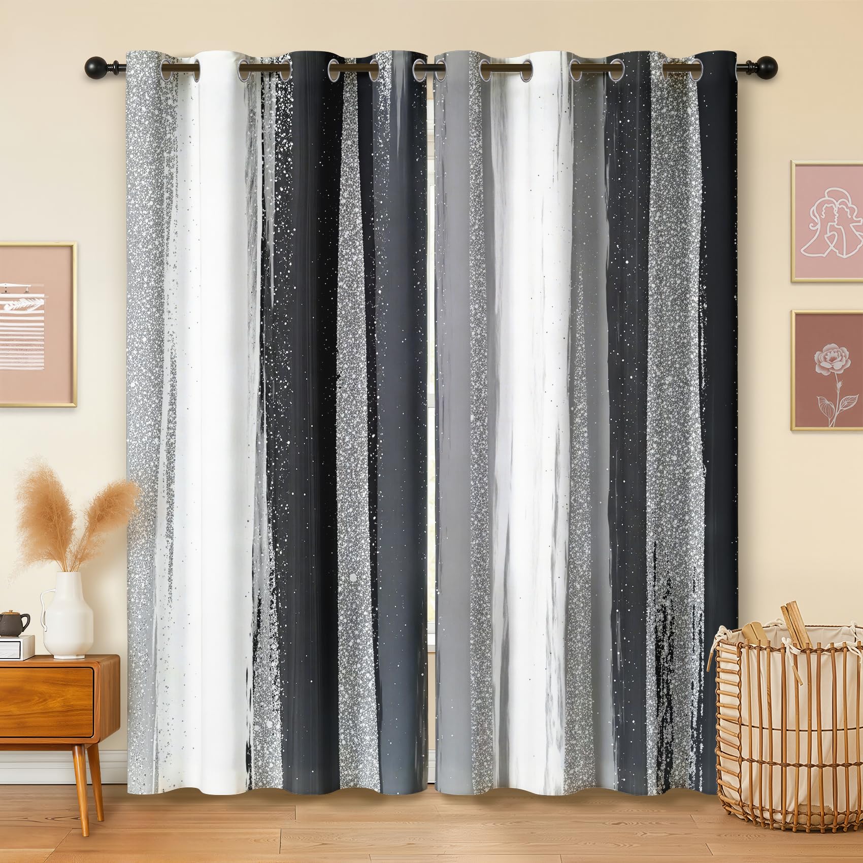 Havenix Modern Black Grey White Blackout Curtains for Bedroom Living Room, Vertical Striped Patterned Curtains 66x72, Thermal Insulated Eyelet Drapes for Windows, 2 Panels