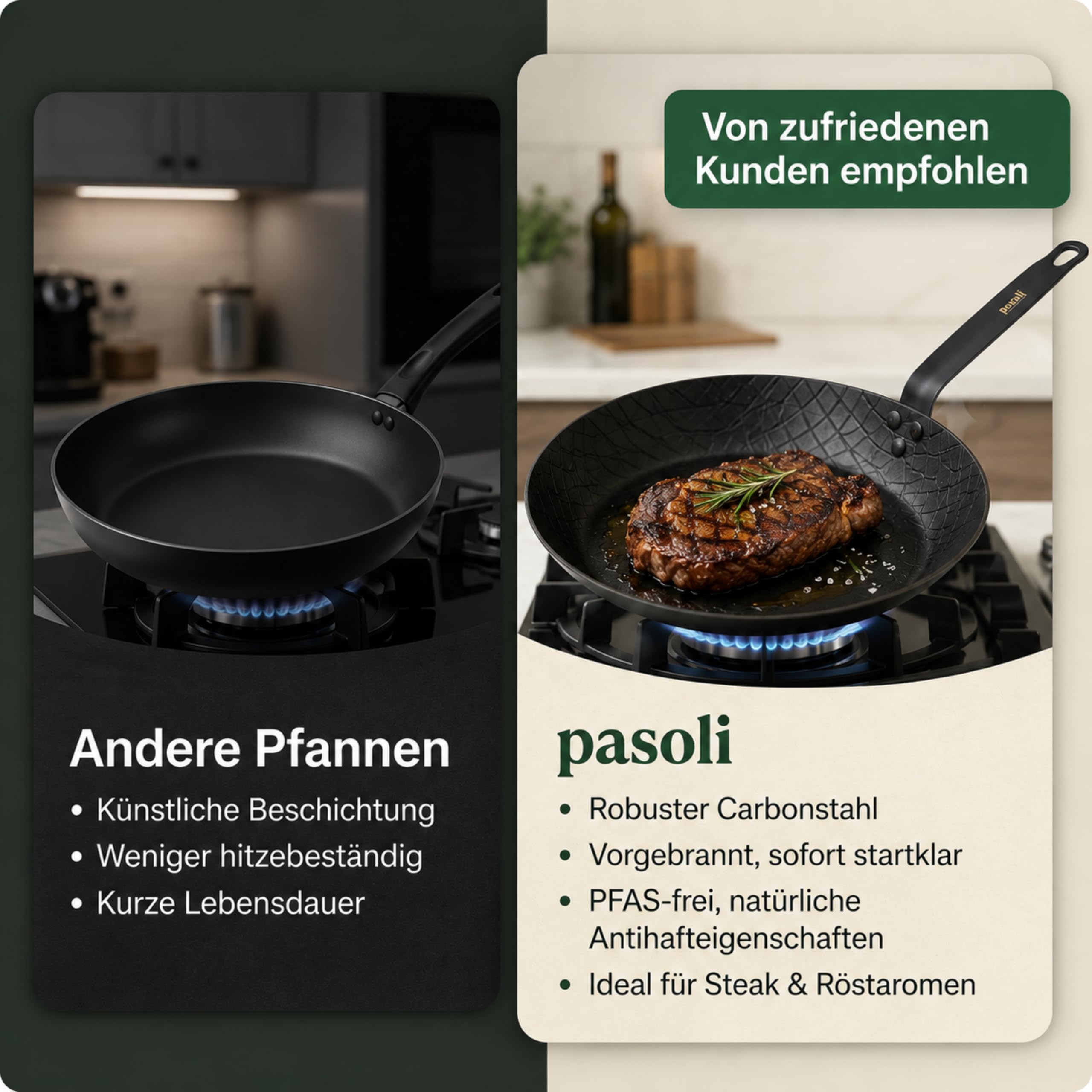 pasoli Carbonstahl Steak-Pfanne 28 cm – voreingebrannt, ohne Griffschutz, Induktion, Gas & Elektro kompatibel, kratzfest, ofenfest, Steakpfanne schwarz