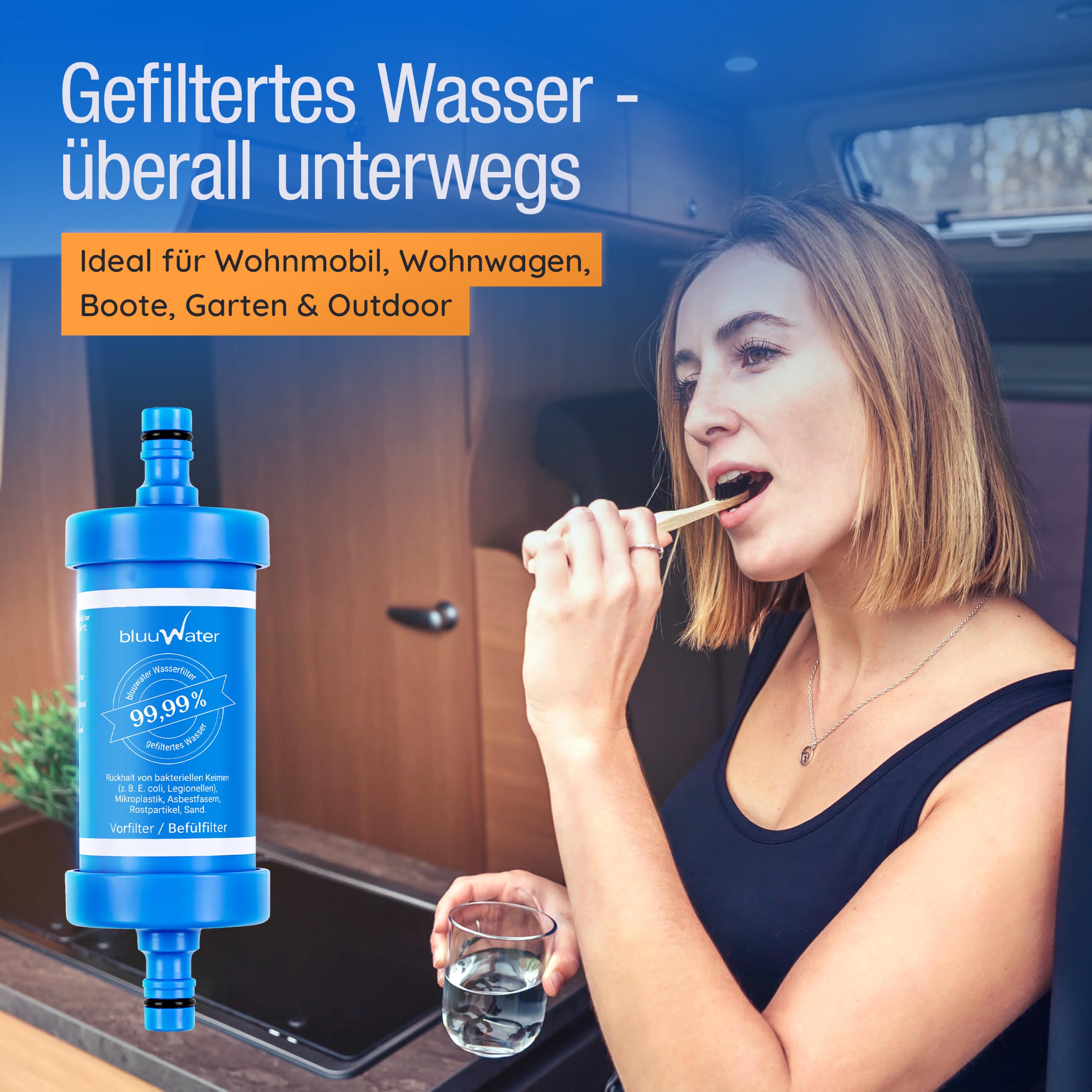 Befüll-Filter BF08 - Camping Wasserfilter für Wohnwagen & mehr | Filtert 99,99% der Bakterien, Keime, Kalk, etc. - Bis zu 6.000 Liter - Kompatibel mit GEKA® & GARDENA® - Laborgeprüft