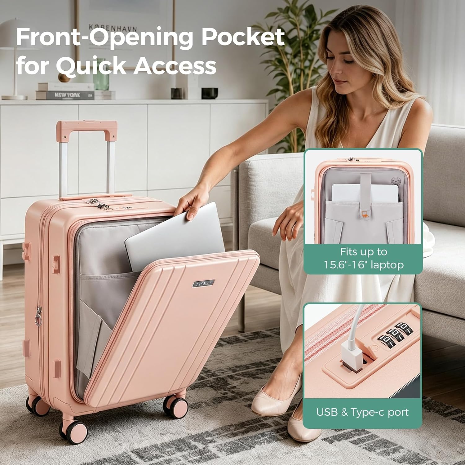 Carry on Luggage Top opening Suitcases, Expandable with Cup&Phone Holder and USB Charging Port,Hardside with Front Pocket Rolling Suitcases with Spinner Wheels & YKK Zippers (Pink, 20 Inch) thumbnail