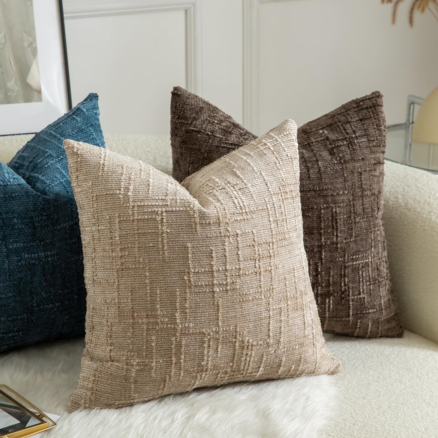Lot De 2 Housses De Coussin En Chenille - Motif Nœud De Bambou, 50x50 Cm, Blanc Crème, Pour Canapé Ou Lit