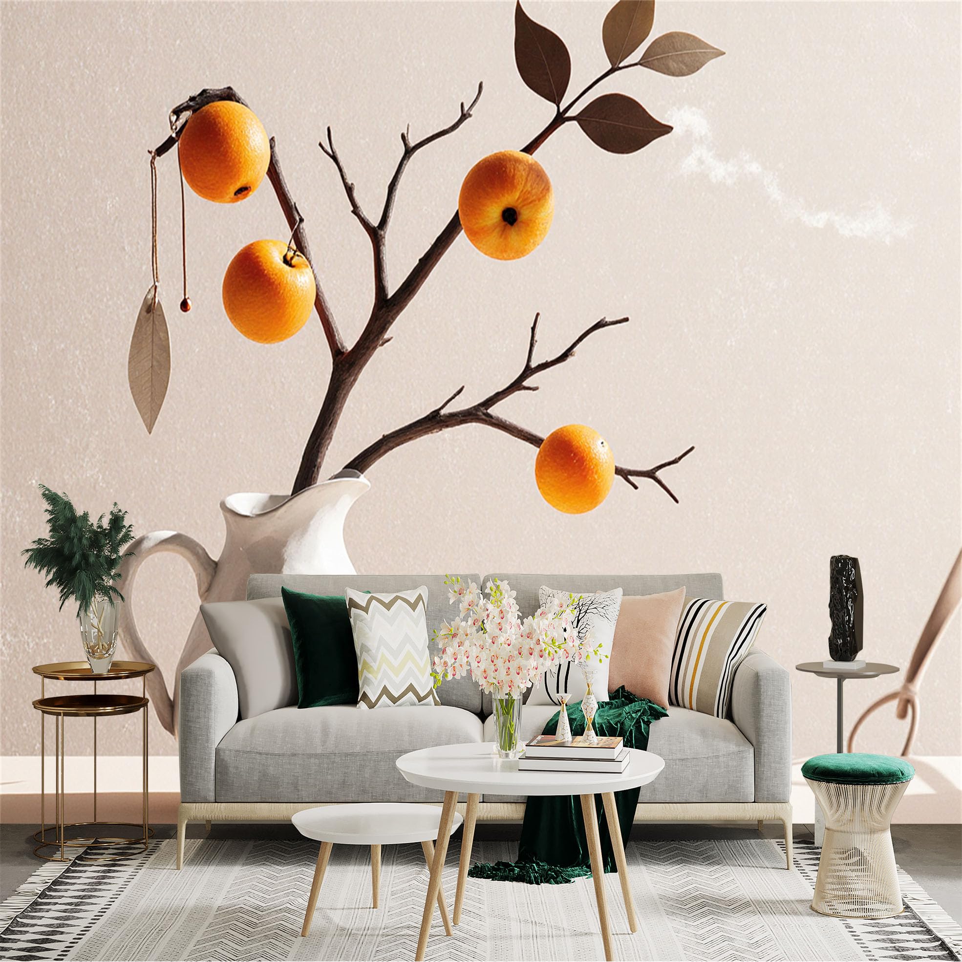 Custom Size Wall Sticker Mural， Minimalist Fruit Branch in White Ceramic Vase， Orange Still Life， Modern Artistic Decor， for wall Decoration， peelandstick wall Decals.