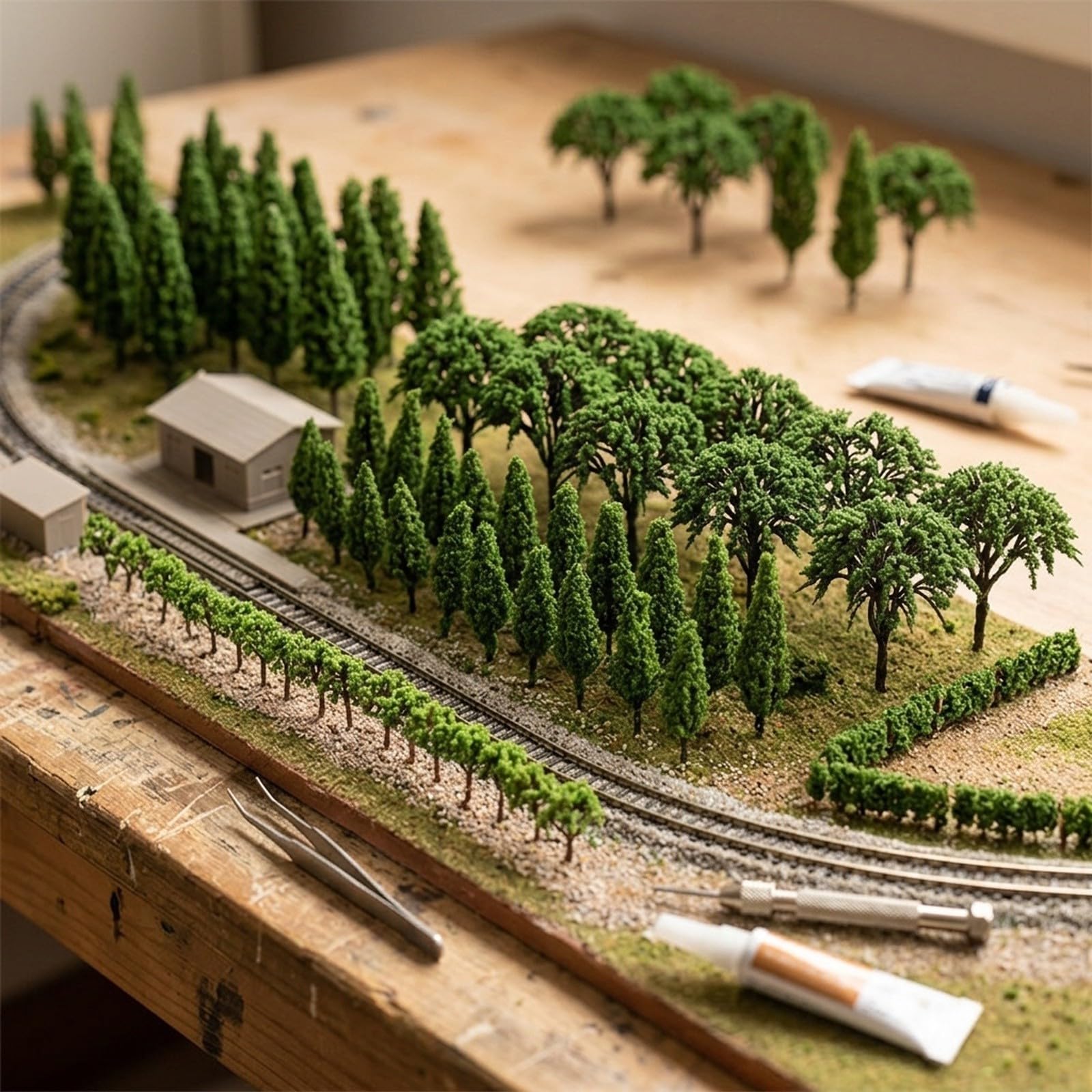 Miniaturowe drzewka do modelu kolejki, realistyczne szczegóły (A)