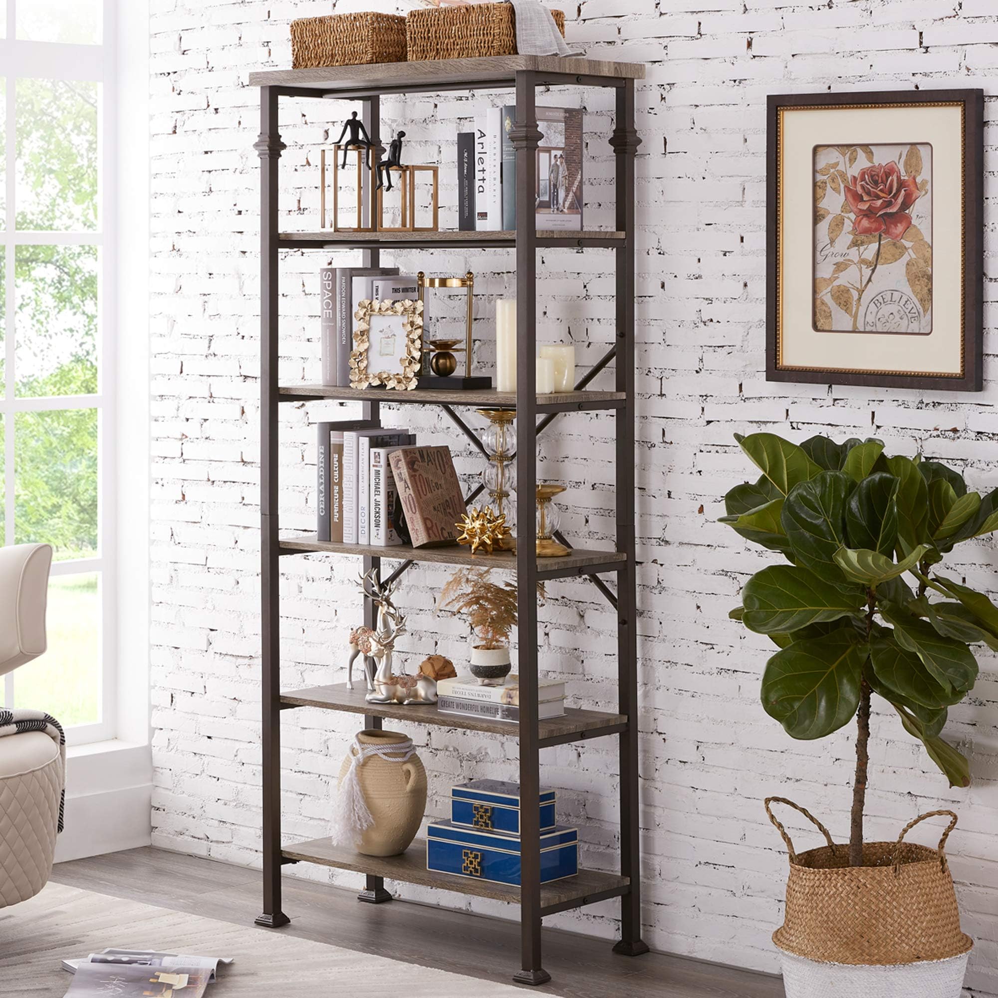 HOMBAZAAR6 Tier Bookshelf,Grey Industrial Book Shelf,Engineered Wood and Metal Deep Bookcases,Tall Shelf Bookcase for Living Room,Office,Bedroom and Kitchen