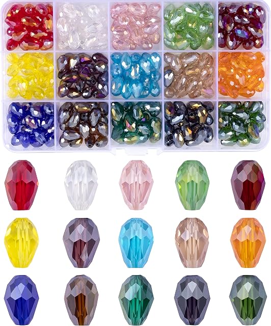 300pcs Crystal Teardrop Glass Beads for Jewellery Making 8x12mm Faceted Tear Drop Beads for DIY Crafting Jewelry Making 15 AB Colors Plated Waterdrop Shape Loose Spacer Beads