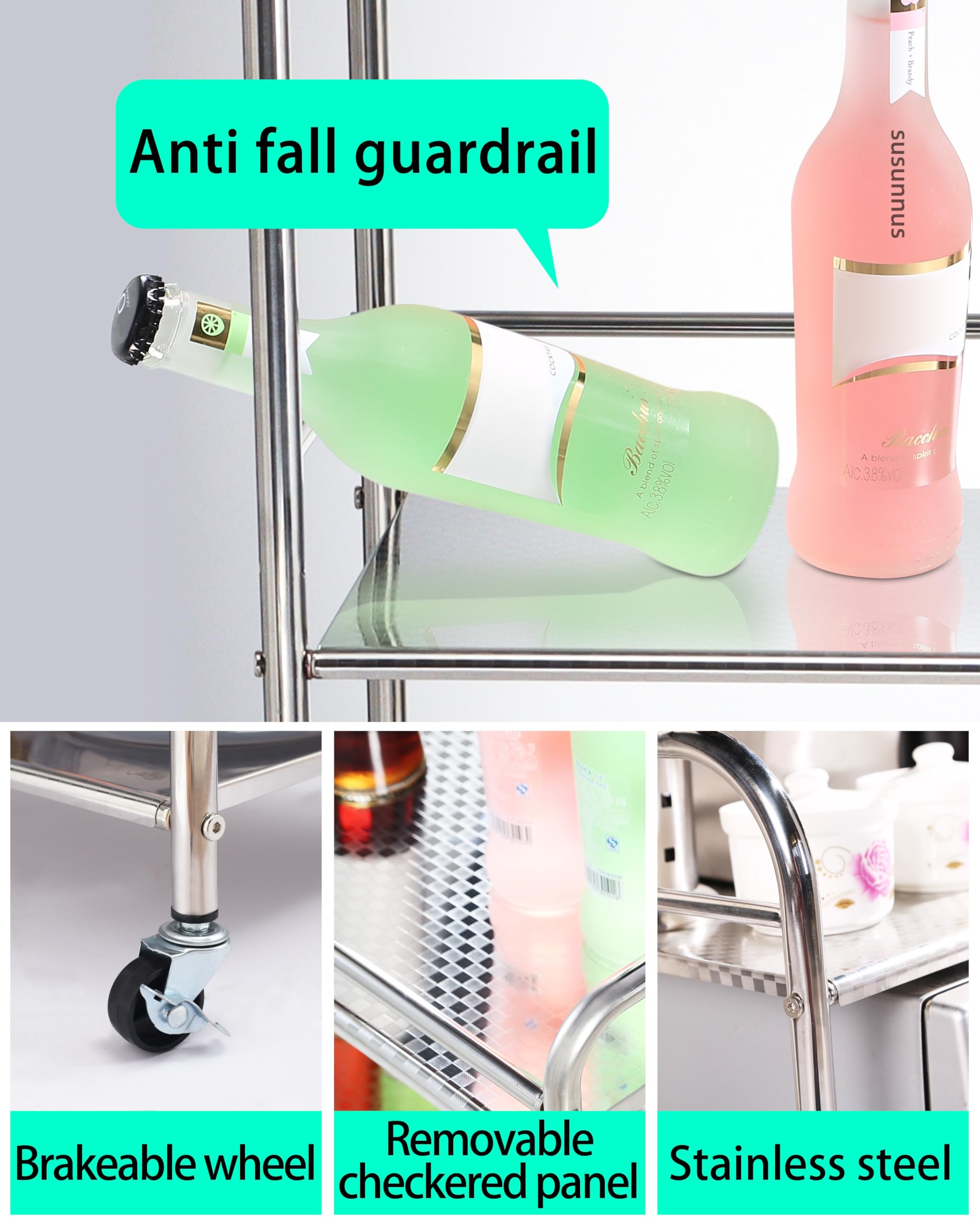 Carrello da cucina piccolo a 3 ripiani in acciaio inox con ruote e ripiani e ripiani con ruote e carrello da cucina, carrello da rotolamento, resistente