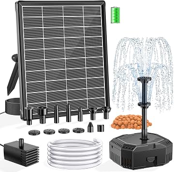 NFESOLAR 6.5W Solar Fountain Pump with 3600mAh Battery, Solar Water Fountain & Pond Filter Box kit, 3.94FT Tubing, 8 Nozzles, Dry-Run Protection Water Pump for Small Ponds, Bird Baths & Garden