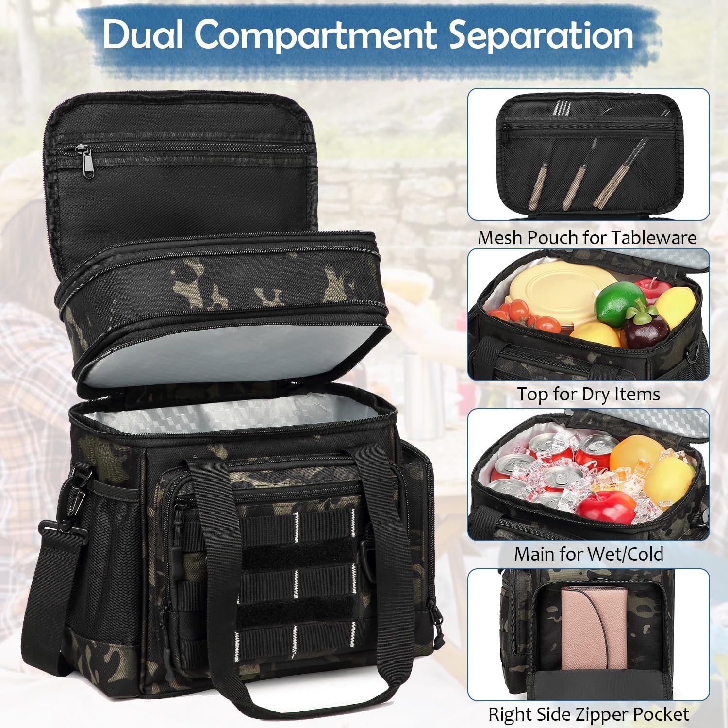 Tactical Lunch Box Cooler Bag for Men, 25L Large Expandable Insulated Lunch Bag for Men, Soft Double Deck Lunch Pail for Work, Camping, Picnic, Hiking, Beach, Outdoor & Travel, Dark CM