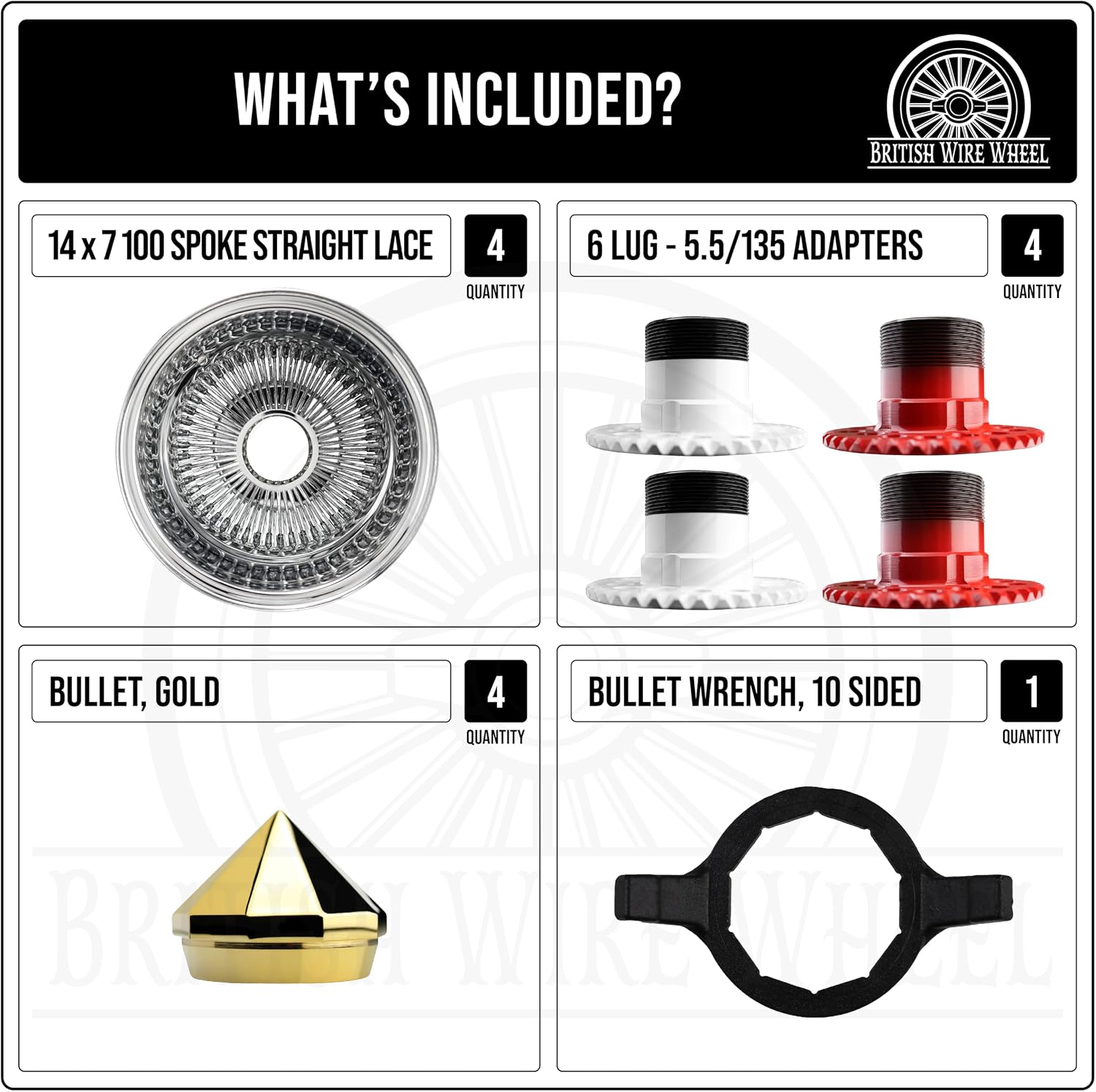 14x7 Reverse 100 Spoke Straight Lace Wire Wheels with 10-sided Bullet Gold Knock Off Spinner Caps + Adapters 6x5.5, 6x135 | Chrome Deep Dish Lowrider Rims | Set of 4 + Bullet Wrench