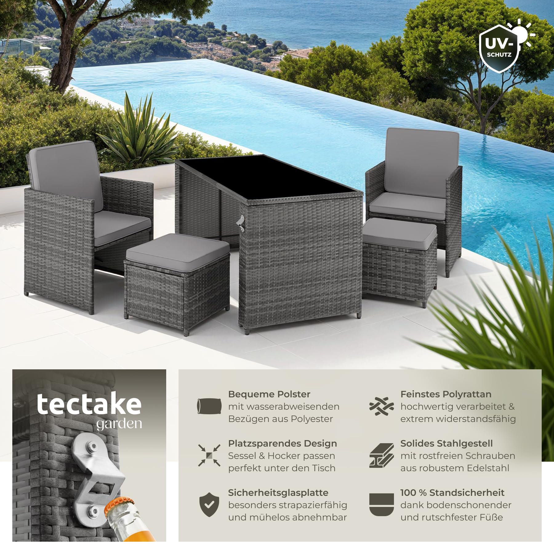 tectake Poly Rattan Sitzgruppe, 5- teiliges Lounge Gartenmöbel Set mit Tisch, Sessel & Hocker, Essgruppe für bis zu 4 Personen, Garten und Balkon Möbel inkl. Polster - grau