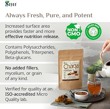 Sayan Siberian Pure Raw Coarse Chaga Powder 4 Oz / 113g Premium Wild Forest Harvested Super Antioxidant Tea Supports Immune System and Digestive Health Focus, Energy, Clarity, Wellness - Non-GMO