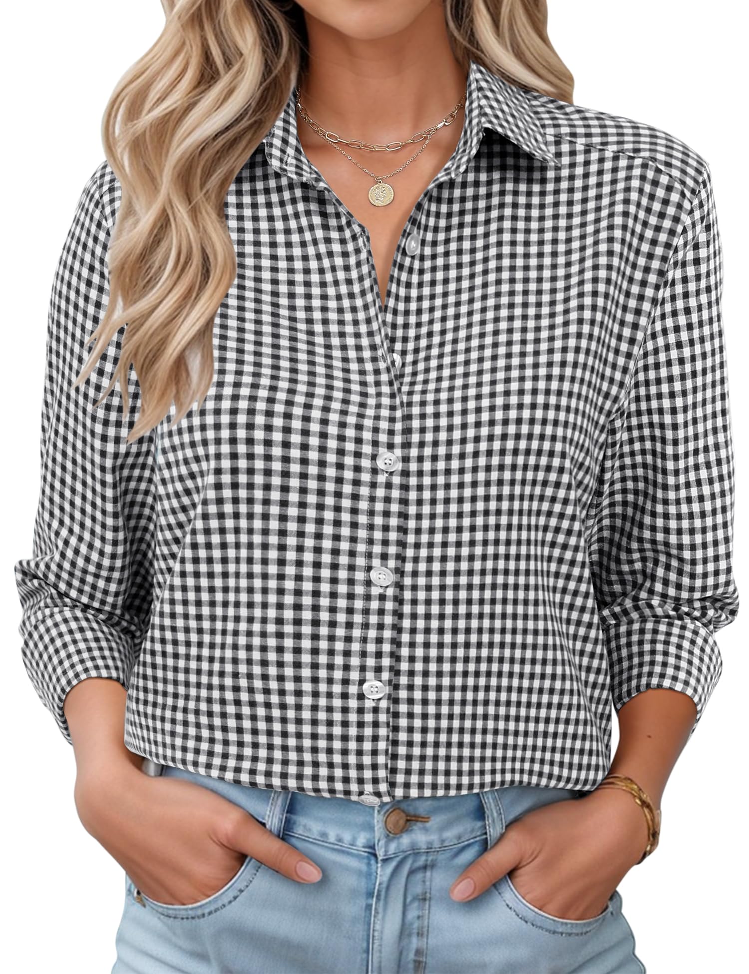 Rapbin Bluse Damen Lässig Langarm Hemd V-Ausschnitt Shirts Tunika Lockere Business Top Elegant Oberteil mit Knopfleiste