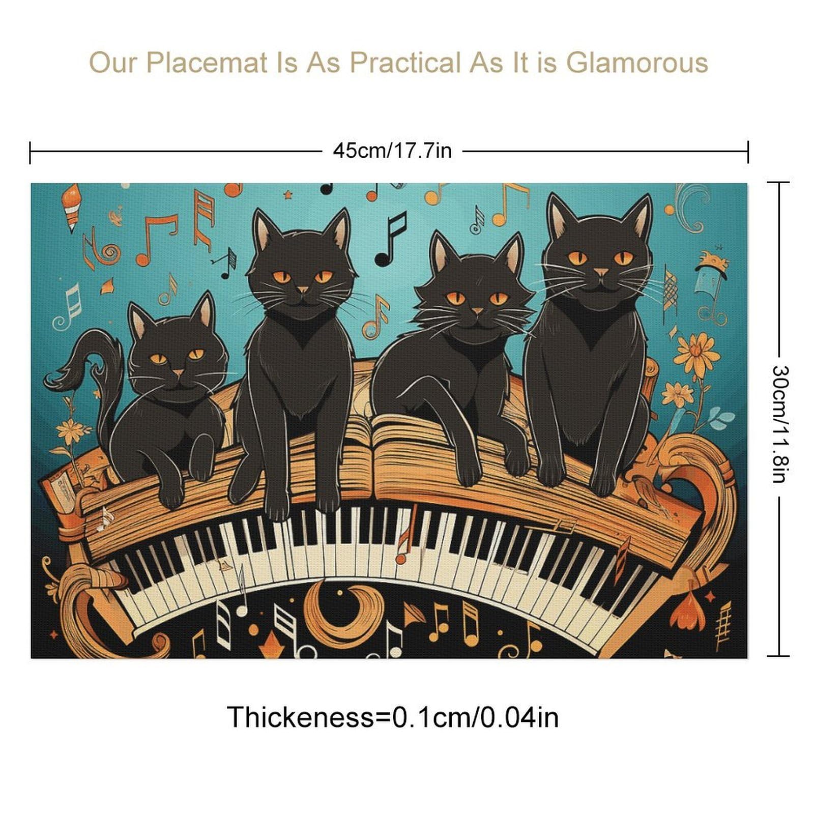 Set di 6 tovagliette all'americana in PVC con quattro gatti neri sdraiati sul pianoforte, lavabili e resistenti al calore, antiscivolo, impermeabili, per tavolo da pranzo per interni ed esterni