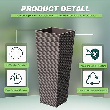 Flamaker Resin Rattan-Design Planters Set of 2, 24'' Tall Flowerpot with Additional Pot for Soil, Durable Weather-Resistant Planter with Drainage Holes for Garden, Patio, Backyard (Brown, Small)