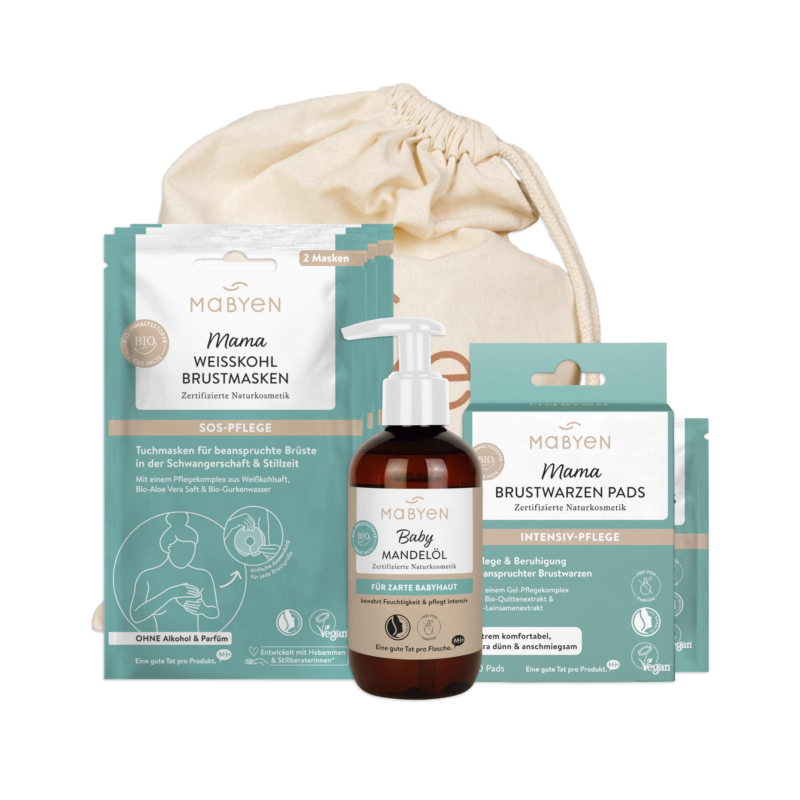 MABYEN Wochenbett Set für Mamas | Erstausstattung für die ersten Wochen mit Baby nach der Geburt - Set mit 3x Weißkohl Brustmaske, 10x Brustwarzen Pads, 1x Mandelöl