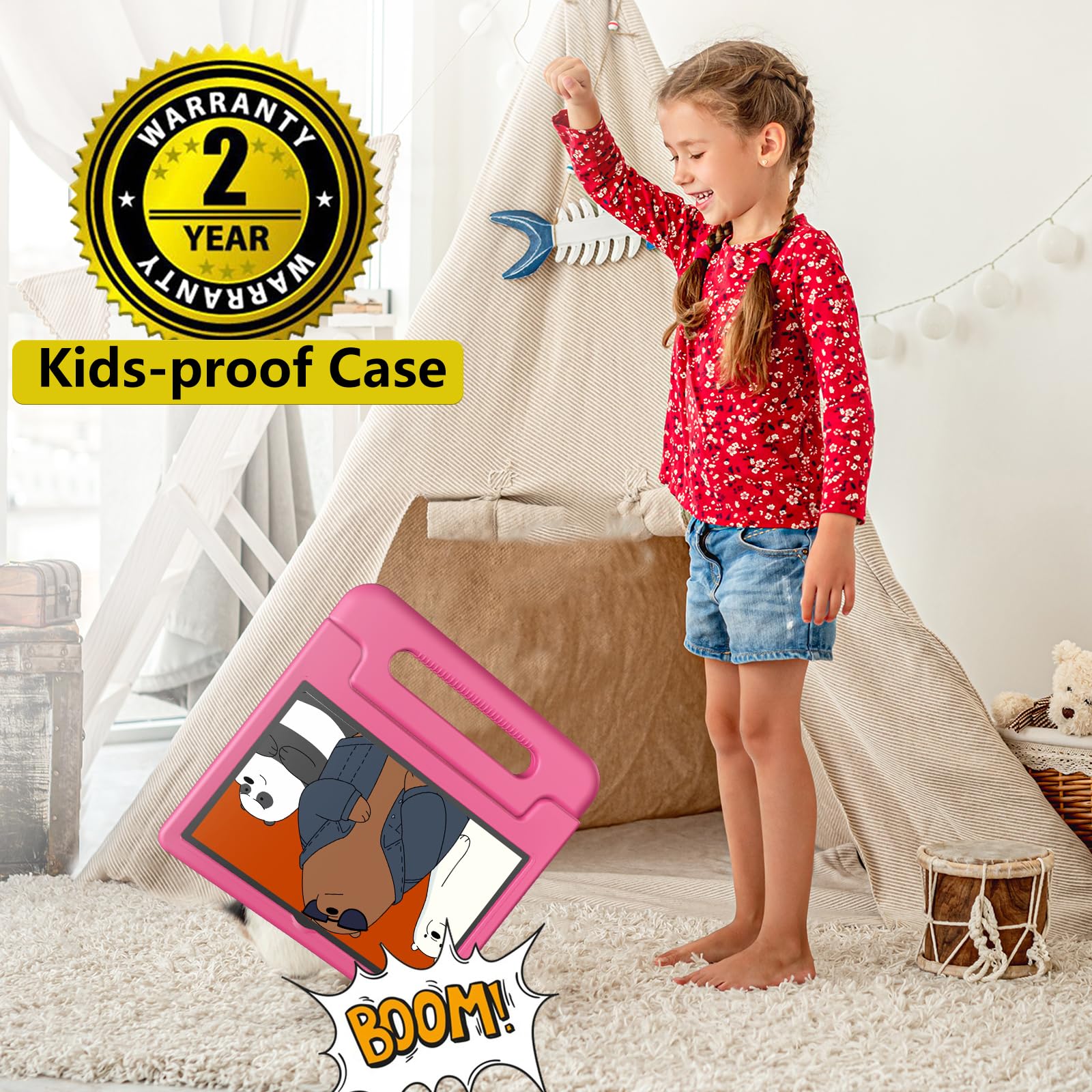 VNEIMQN Tablet per Bambini Android 14, con WiFi e Bluetooth, Doppia Fotocamera 10.1 Pollici HD, Octa-Core, 8GB RAM, 64GB ROM (1TB TF), Controllo Parentesco, Batteria 6000mAh (Rosa)