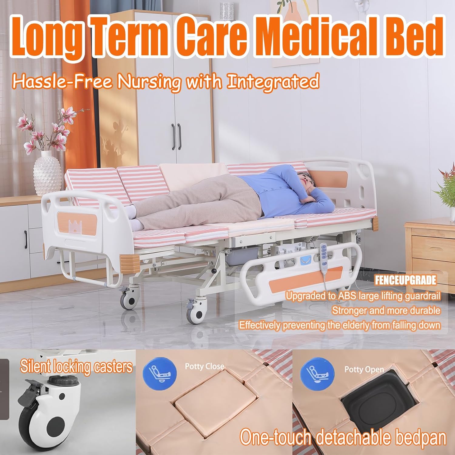 Premium 10 Function Full Electric Hospital Bed for Home Use, Innovative Automatic Side Rollover (0-45°), Medical Bed Includes Mattress, ABS Double Rails, Bedpan, Lift IV Pole, Remote Control