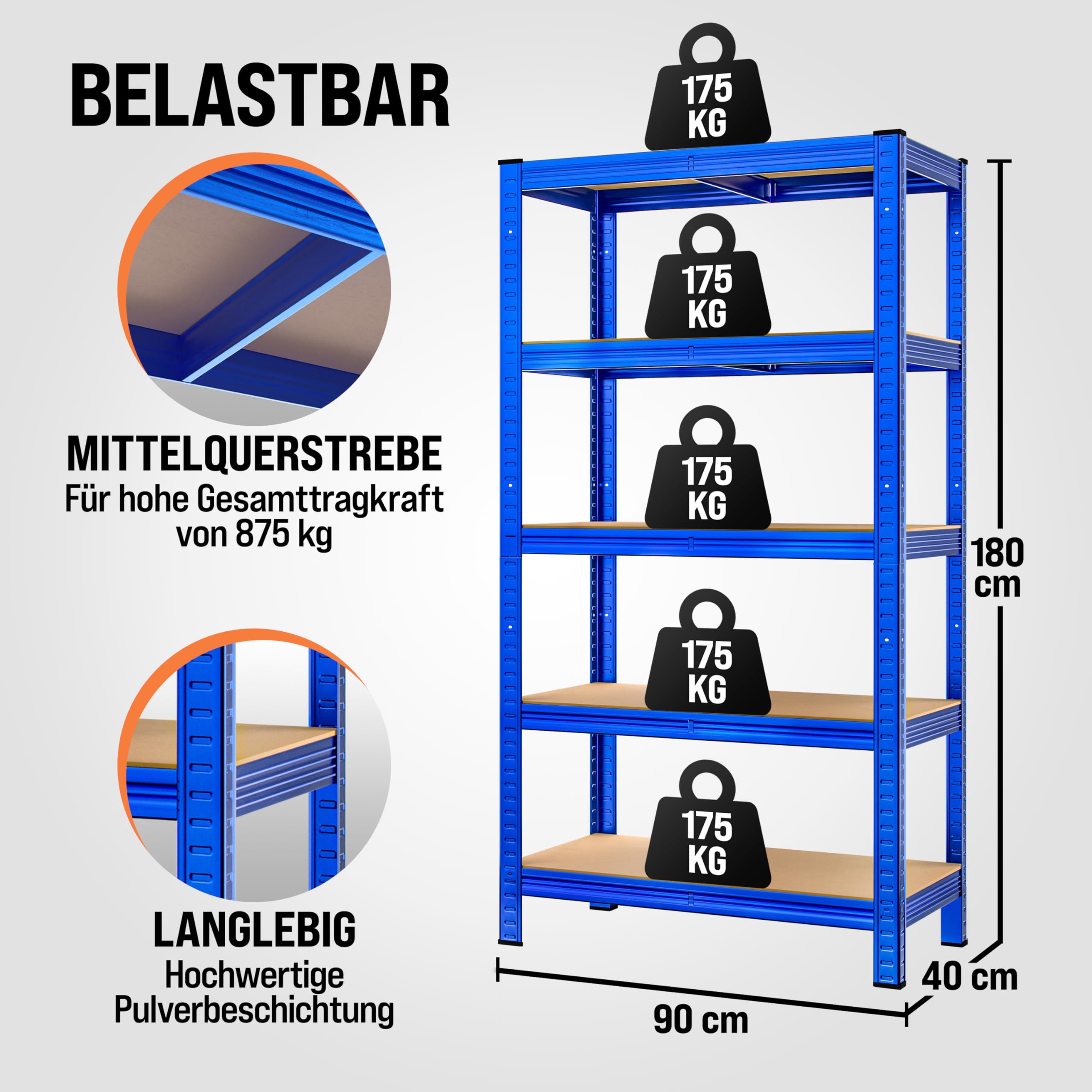 Monzana Stellingkast Set van 2 - 180x90x40cm Metaal MDF 1750kg - Zilver