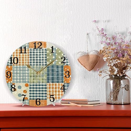 Miniatura 6 de KLL Vintage Patchwork Pattern 10 Inch Round Clock Display on Wall Non Ticking Creative for Dining Room Farmhouse Office reloj de pared para cuarto