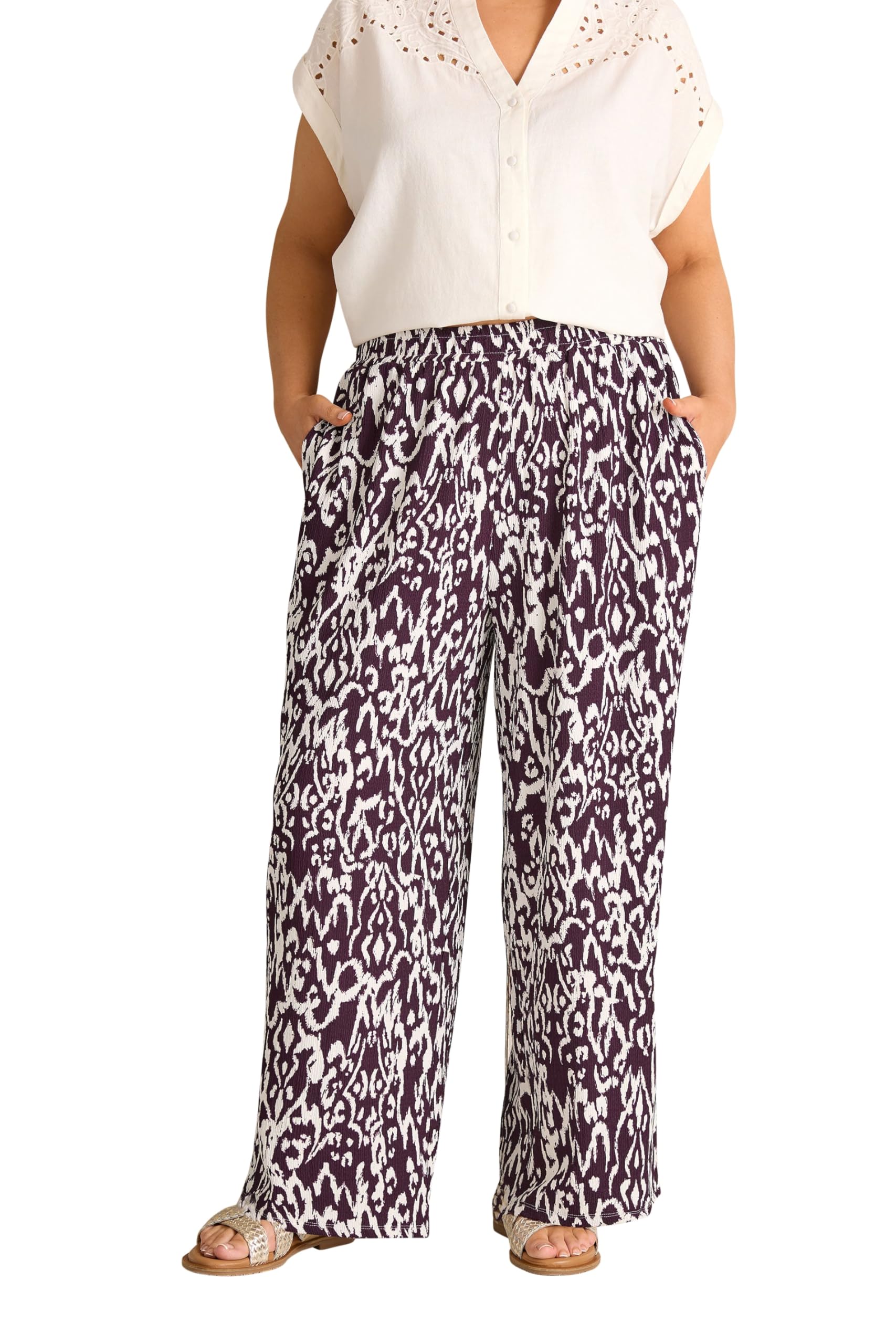Evans - Women's Trousers - Wide Leg - Ikat Print - Plum - Size 26-28