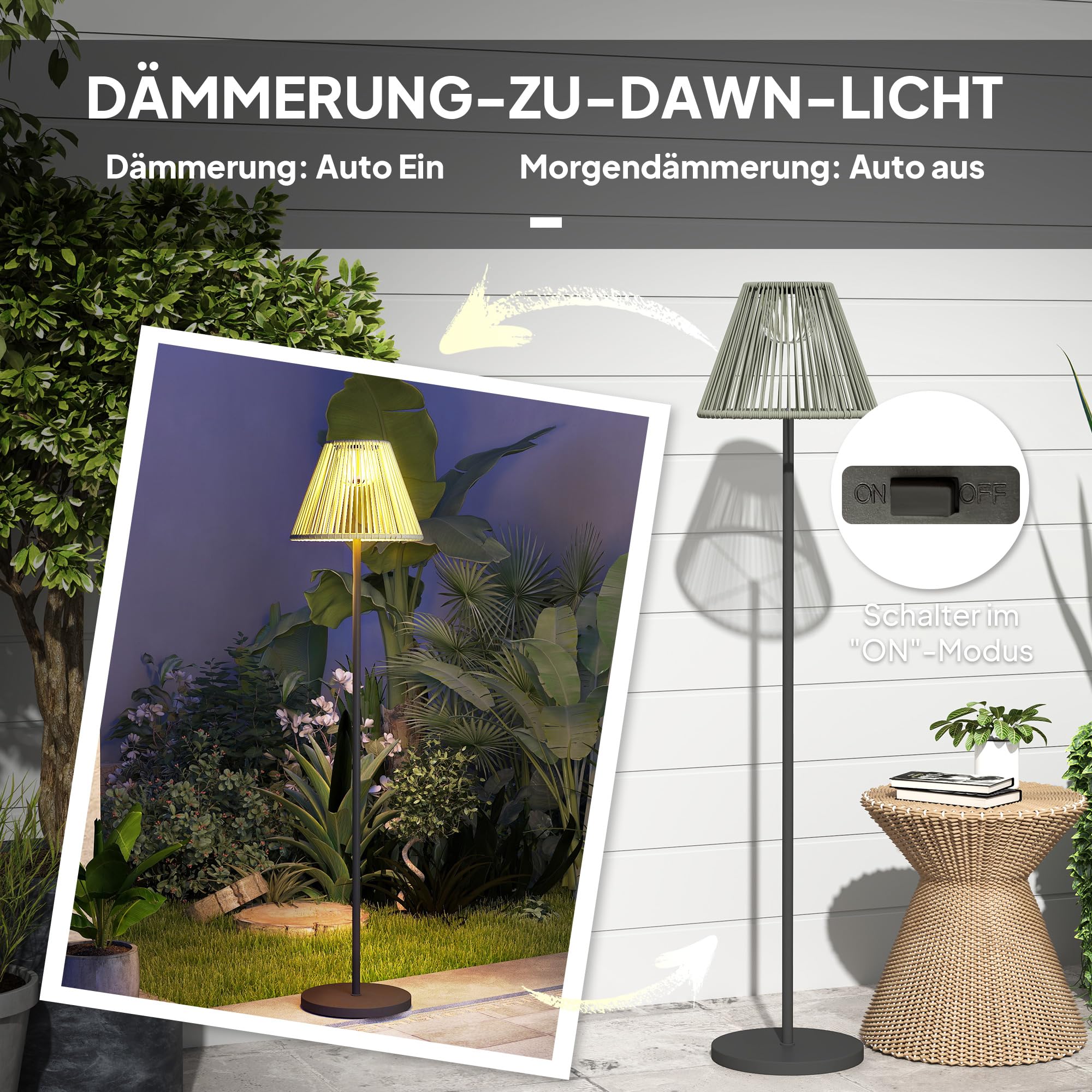 Outsunny Solar Stehlampe Rattan Solarleuchte 25 LEDs IP44 Wasserdichte Lampe Ø33x135 cm