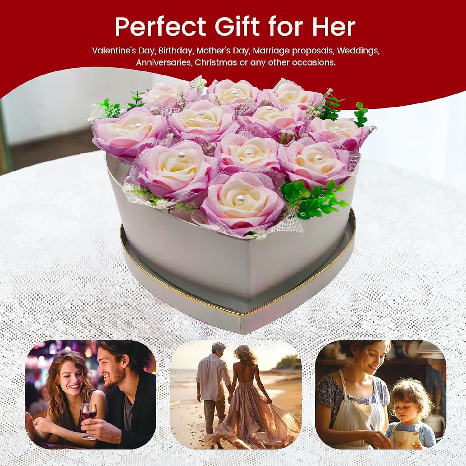 Flower Forever Heart Shape Box - Preserved Roses Gift for Her, Preserved Flowers, (Pearl Pink, 9 Roses)